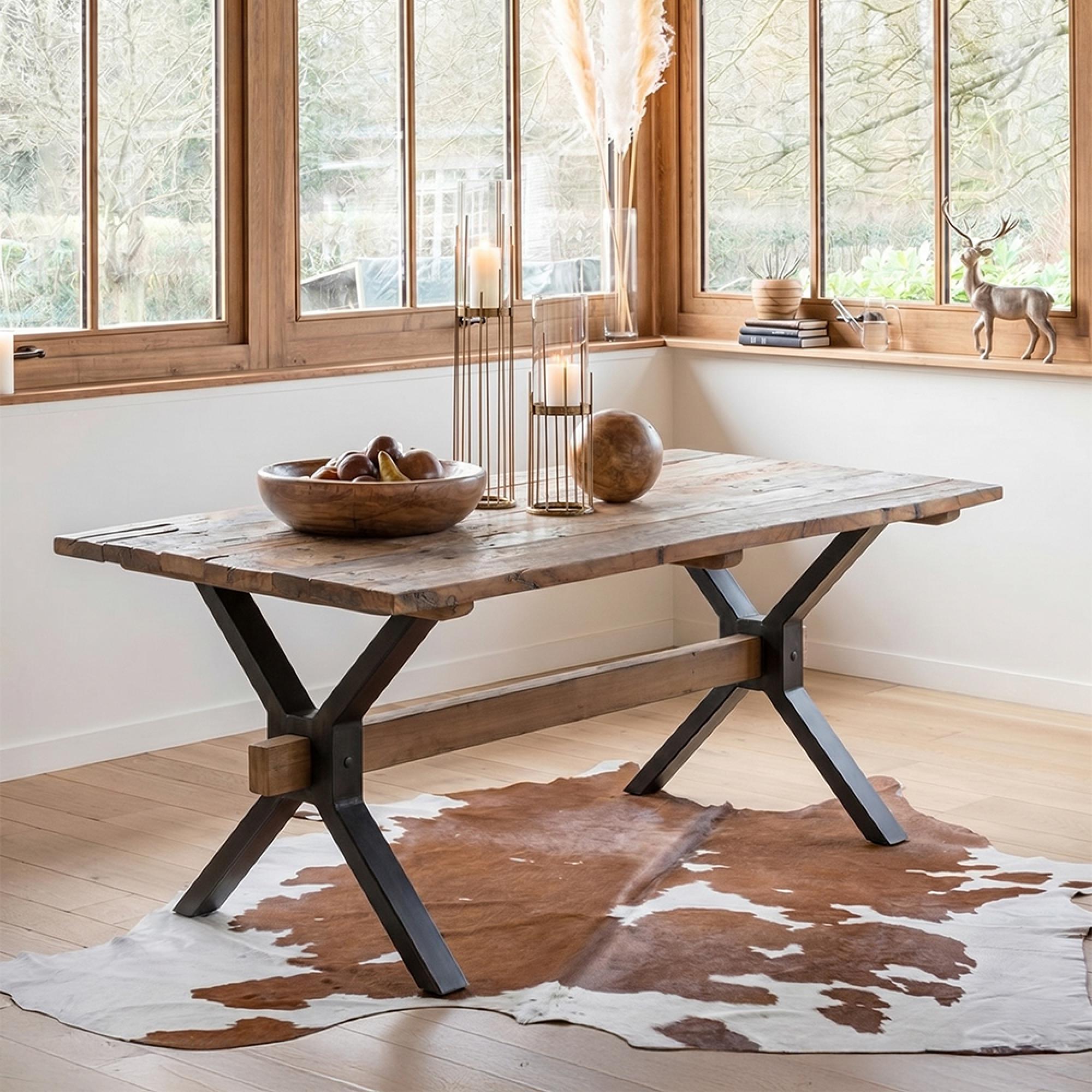 Dining Table - 180cm - 6 Seater - Cross Legs - Brown Vintage Wood