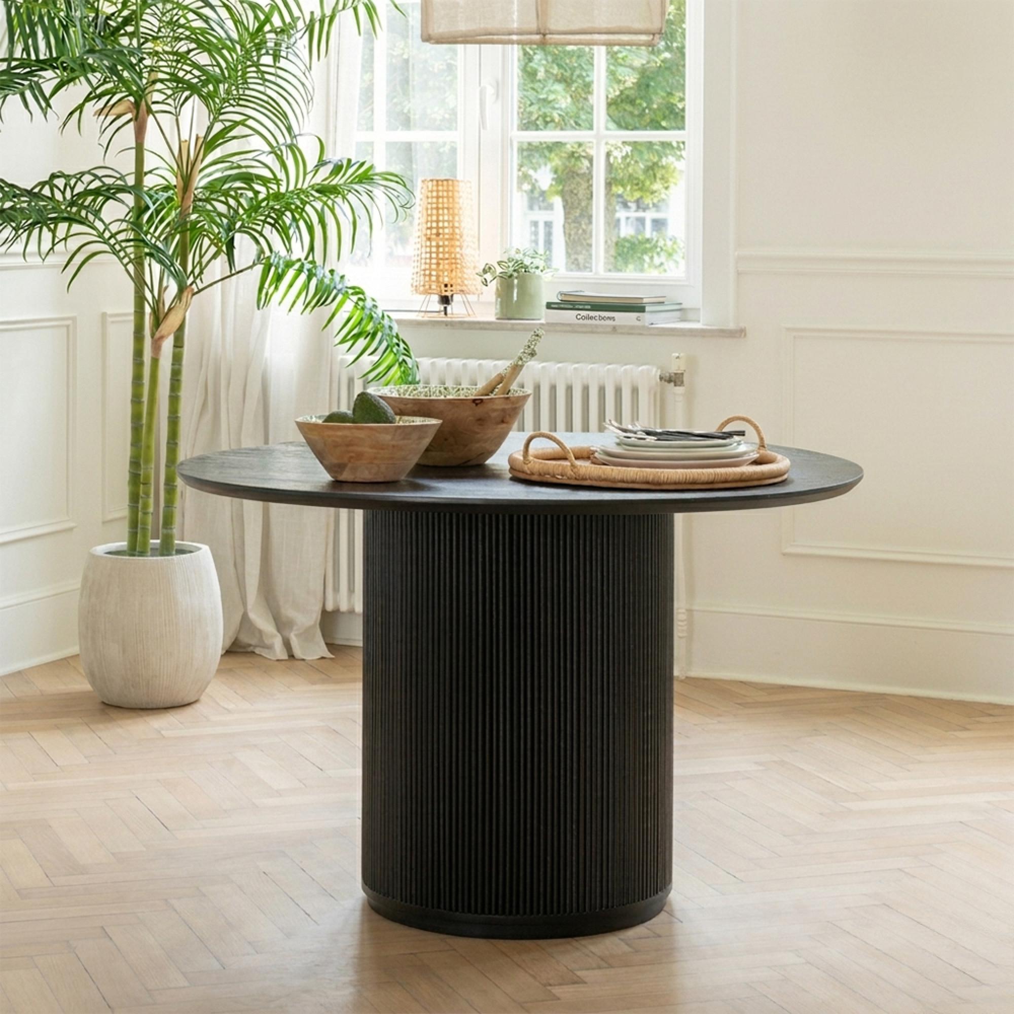 Vincent Fluted Dining Table - 120cm - 6 Seater - Round - Drum Base - Black - Mango Wood