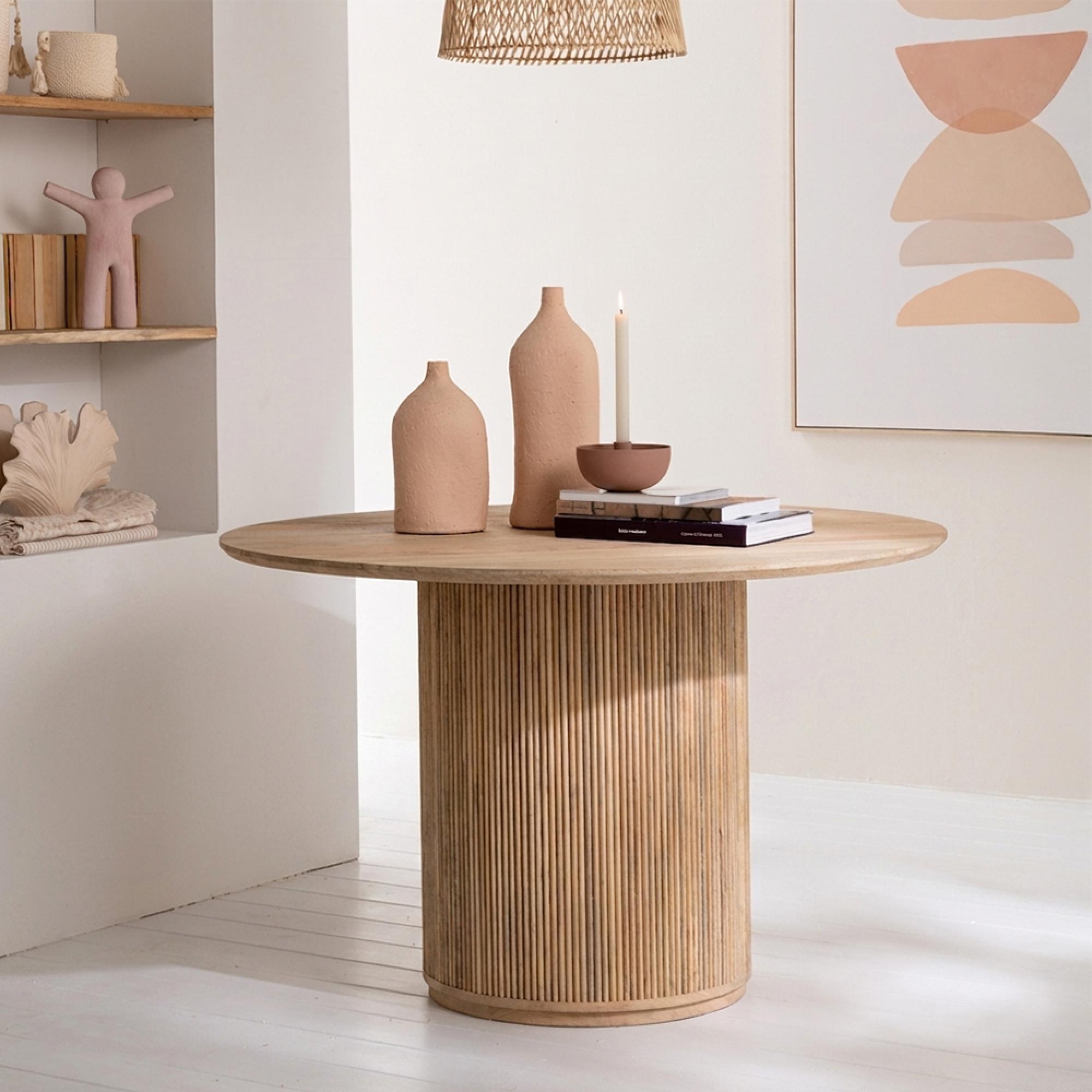 Vincent Fluted Dining Table - 120cm - 6 Seater - Round - Drum Base - Natural - Mango Wood