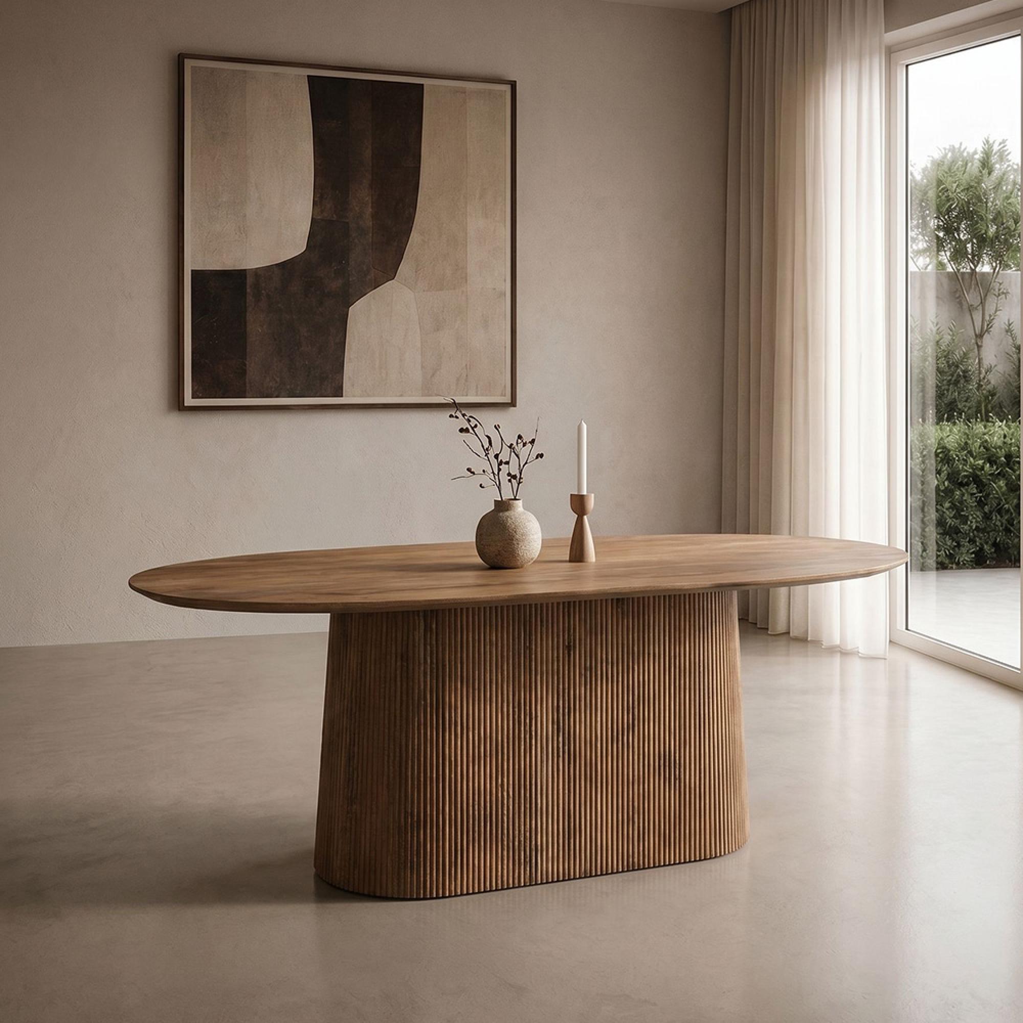 Salvator Curved Fluted Dining Table - 200cm - 8 Seater - Oval - Pedestal - Natural - Mango Wood