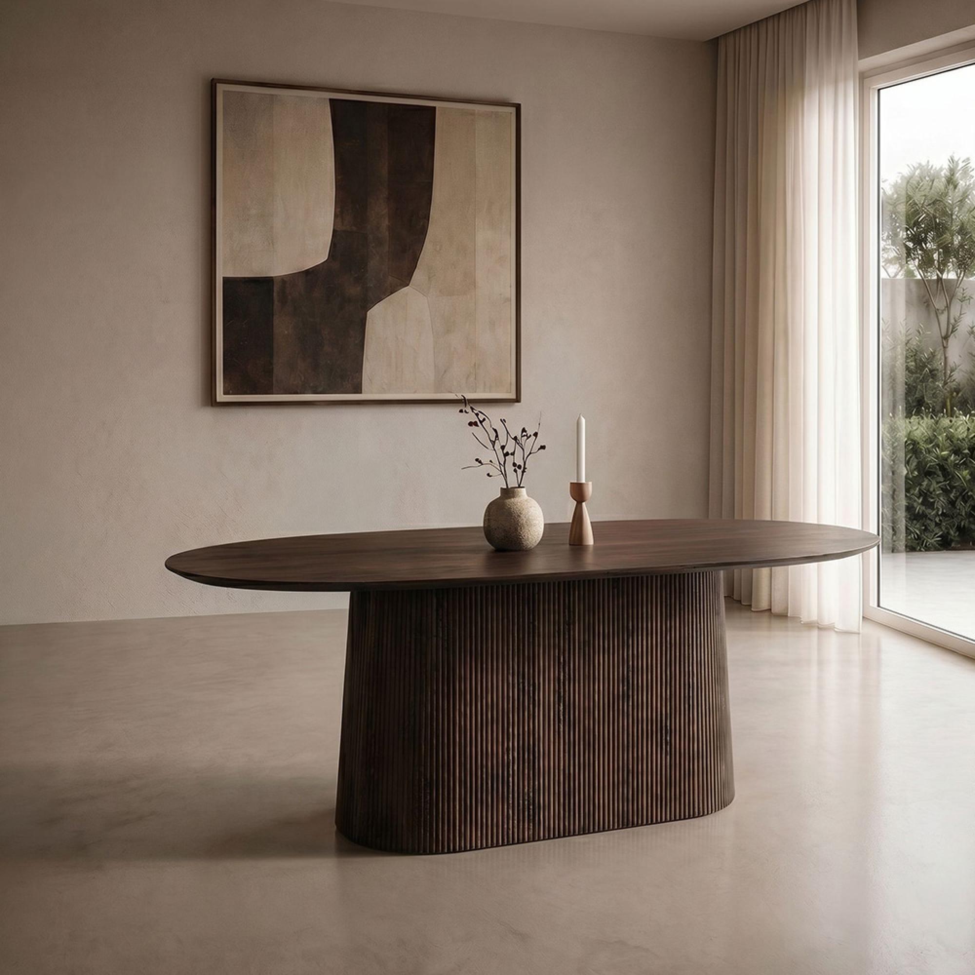 Salvator Curved Fluted Dining Table - 200cm - 8 Seater - Oval - Pedestal - Walnut - Mango Wood