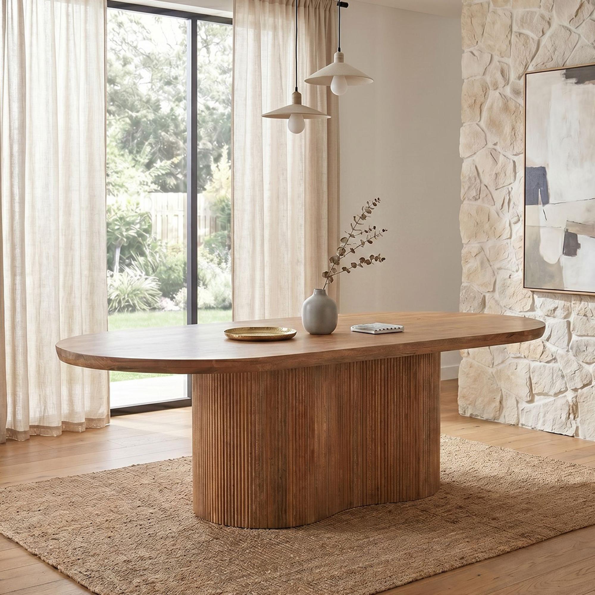 Sevilla Curved Fluted Dining Table - 220cm - 8 Seater - Oval - Pedestal - Natural - Mango Wood