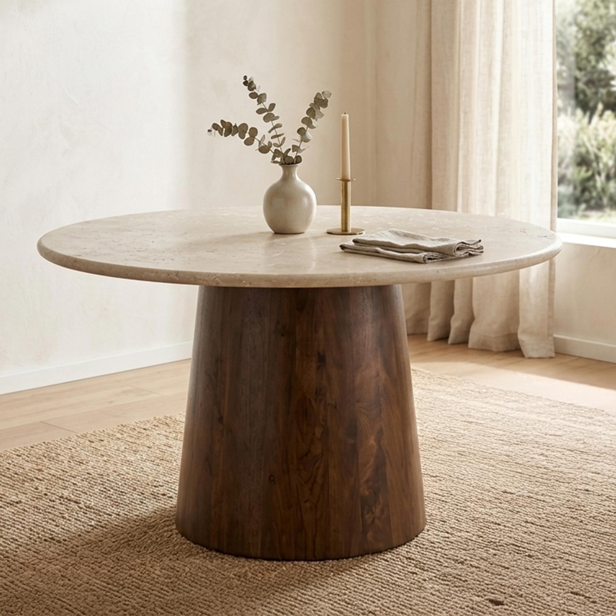 Brix Bottecino Dining Table - 130cm - 4 Seater - Pedestal - Chestnut - Ceramic and Mango Wood