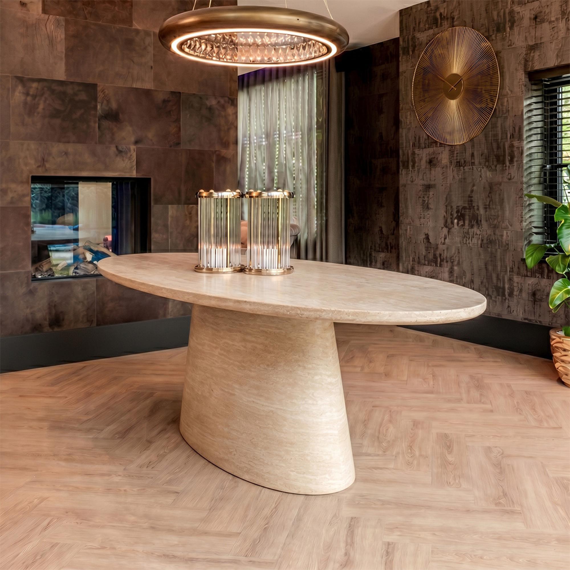 Fictus Travertine Beige 10 Seater Oval Pedestal Dining Table