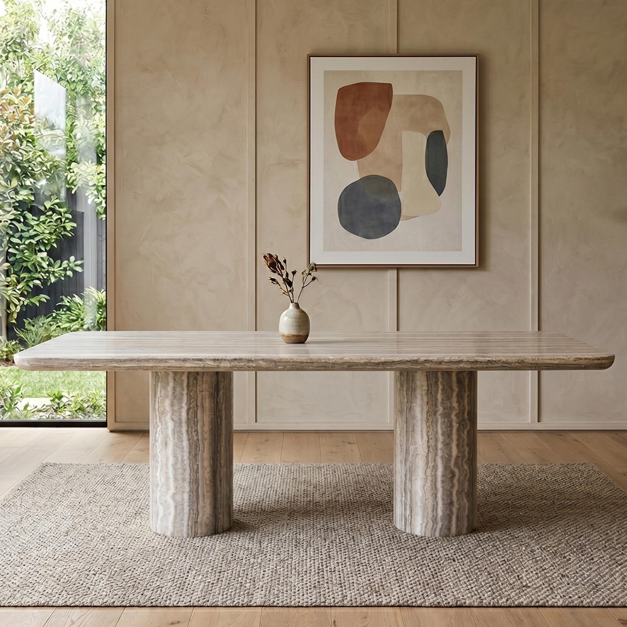 Dulce Dining Table - 225cm - 10 Seater - Double Pedestal - Grey - Marble
