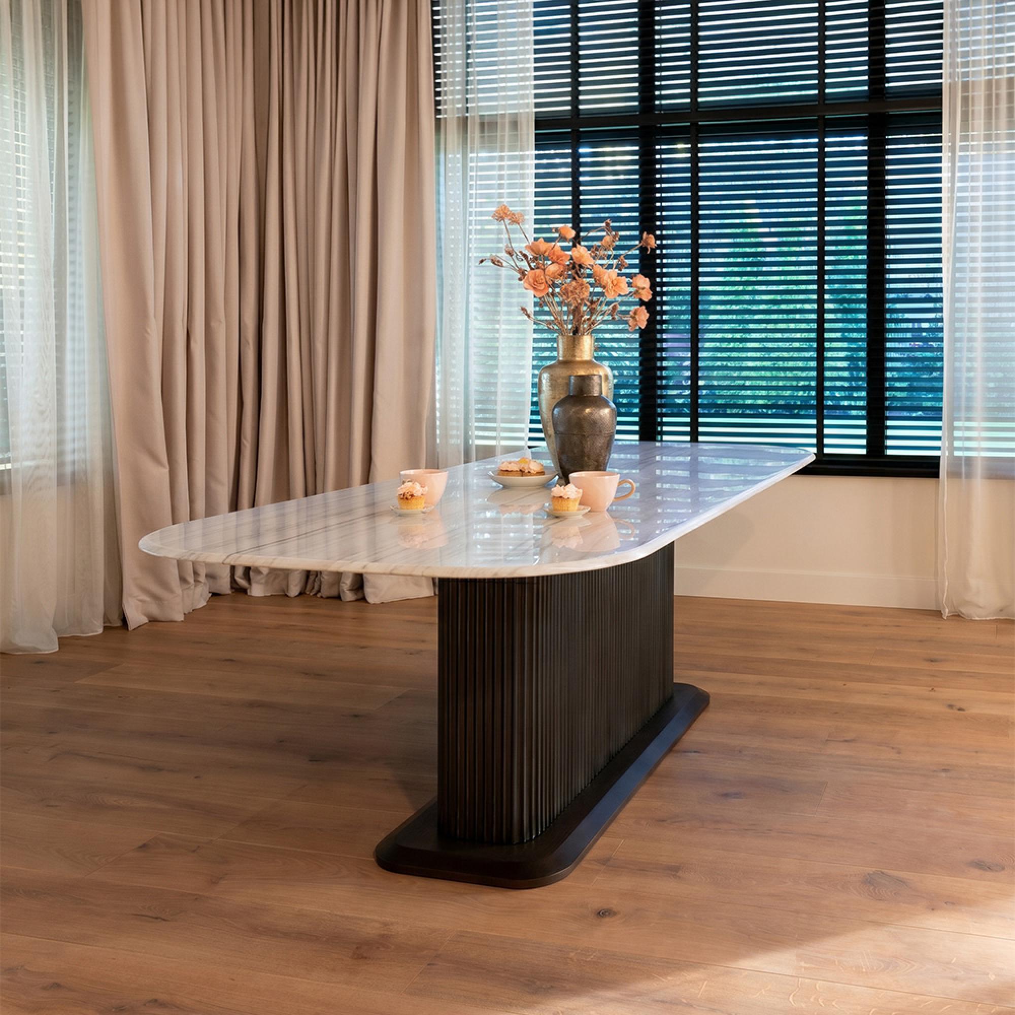 Mayfield White Marble Top 8 Seater Dining Table - Dark Wood Fluted Pedestal Base