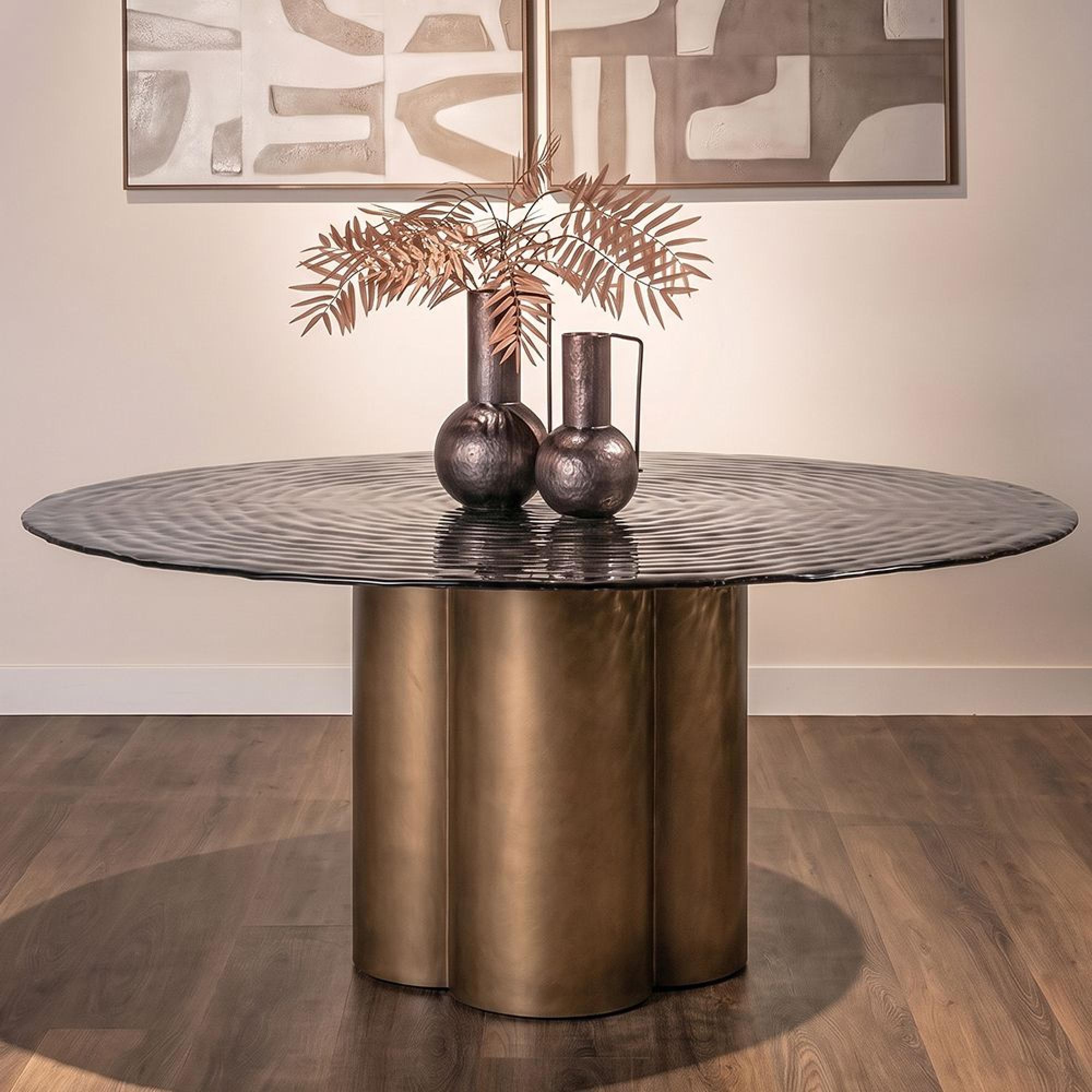 Glastonburry Dining Table - 135cm - 6 Seater - Round - Pedestal - Antique Gold - Glass and Metal