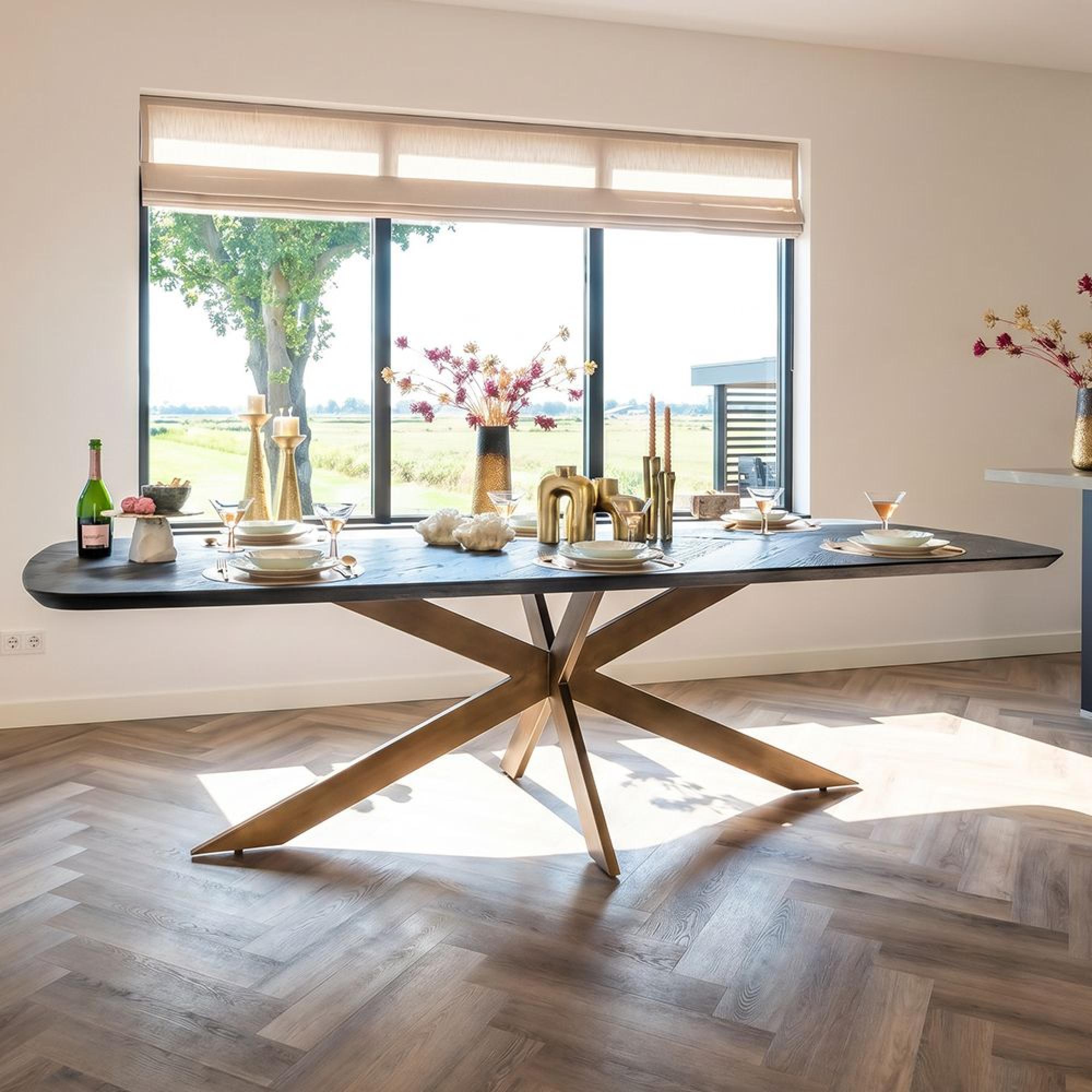 Hayley Dining Table - 280cm - 10 Seater - Spider Leg - Chevron - Dark Coffee - Recycled Oak and Metal