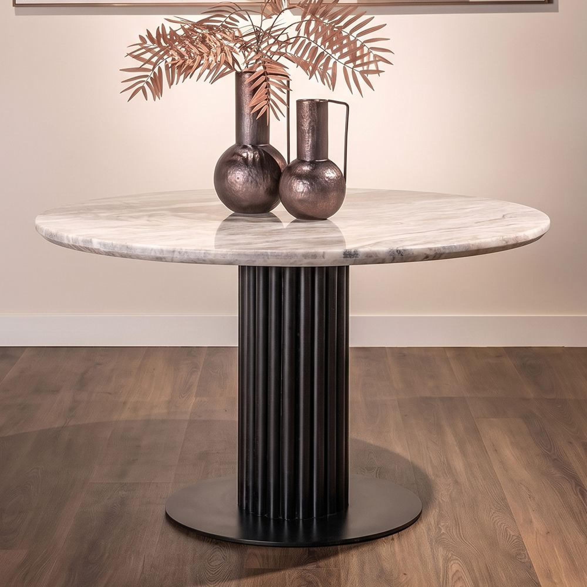 Nyon Dining Table - 120cm - 4 Seater - Round - Fluted Base - Blush Beige and Black - Marble and Metal