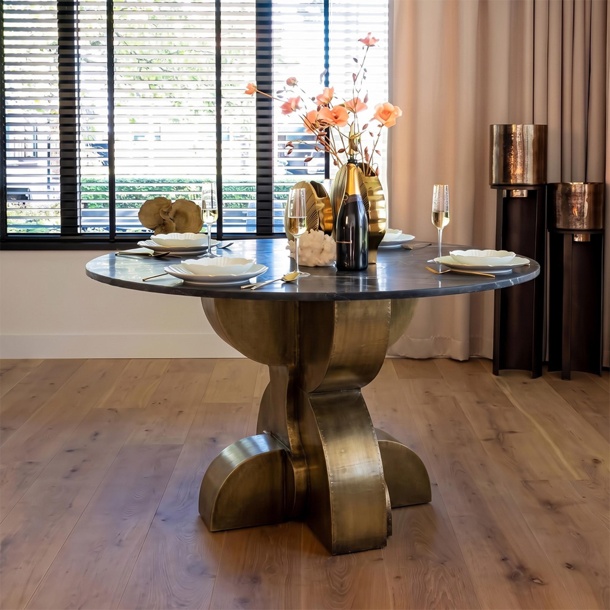 Maddox Black Marble 4 Seater Round Dining Table with Gold Pedestal Base 