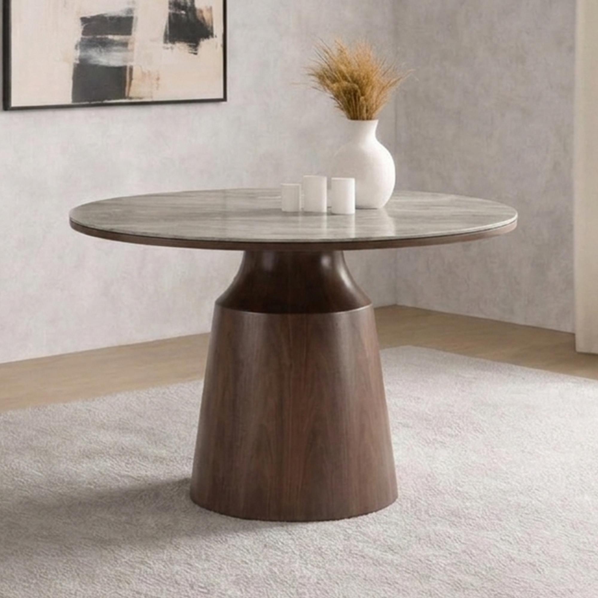 Willow Dining Table - 80cm - 4 Seater - Round - Column Base - Tobacco Walnut and Beige - Wood and Marble Effect