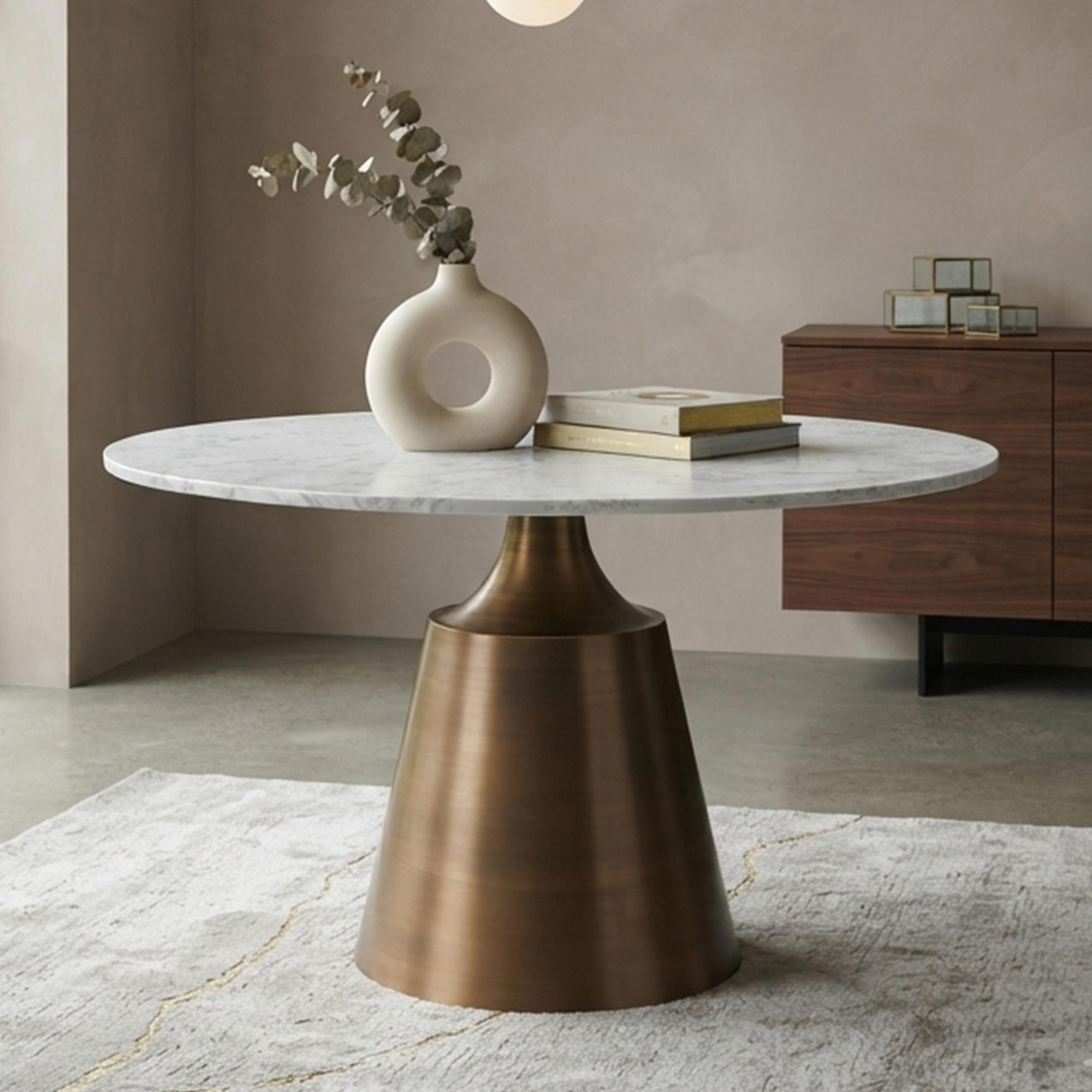 Olive Dining Table - 120cm - 4 Seater - Round - Column Base - White and Bronze - Marble Effect and Metal