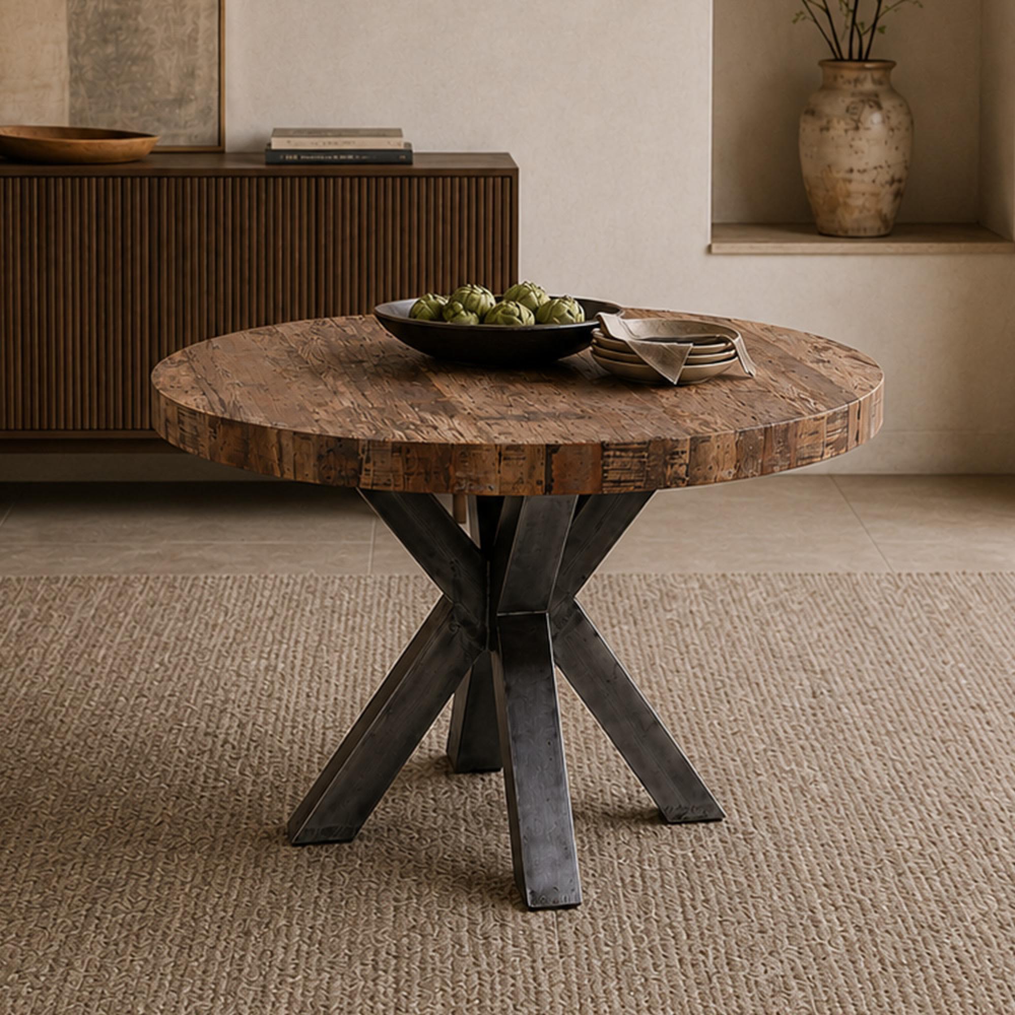 Bassano Dining Table - 136cm - 4 Seater - Round - Star Base - Natural and Black - Recycled Wood and Metal