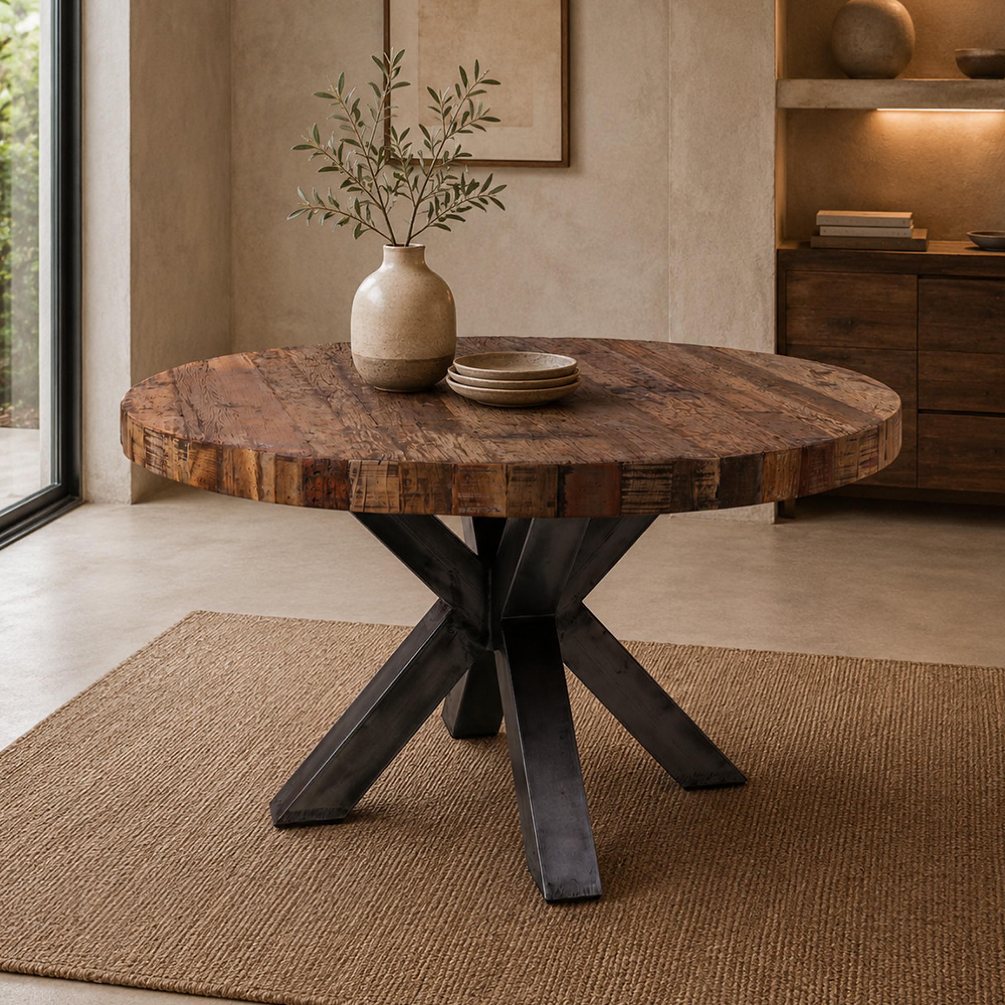 Bassano Dining Table - 160cm - 8 Seater - Round - Star Base - Natural and Black - Recycled Wood and Metal
