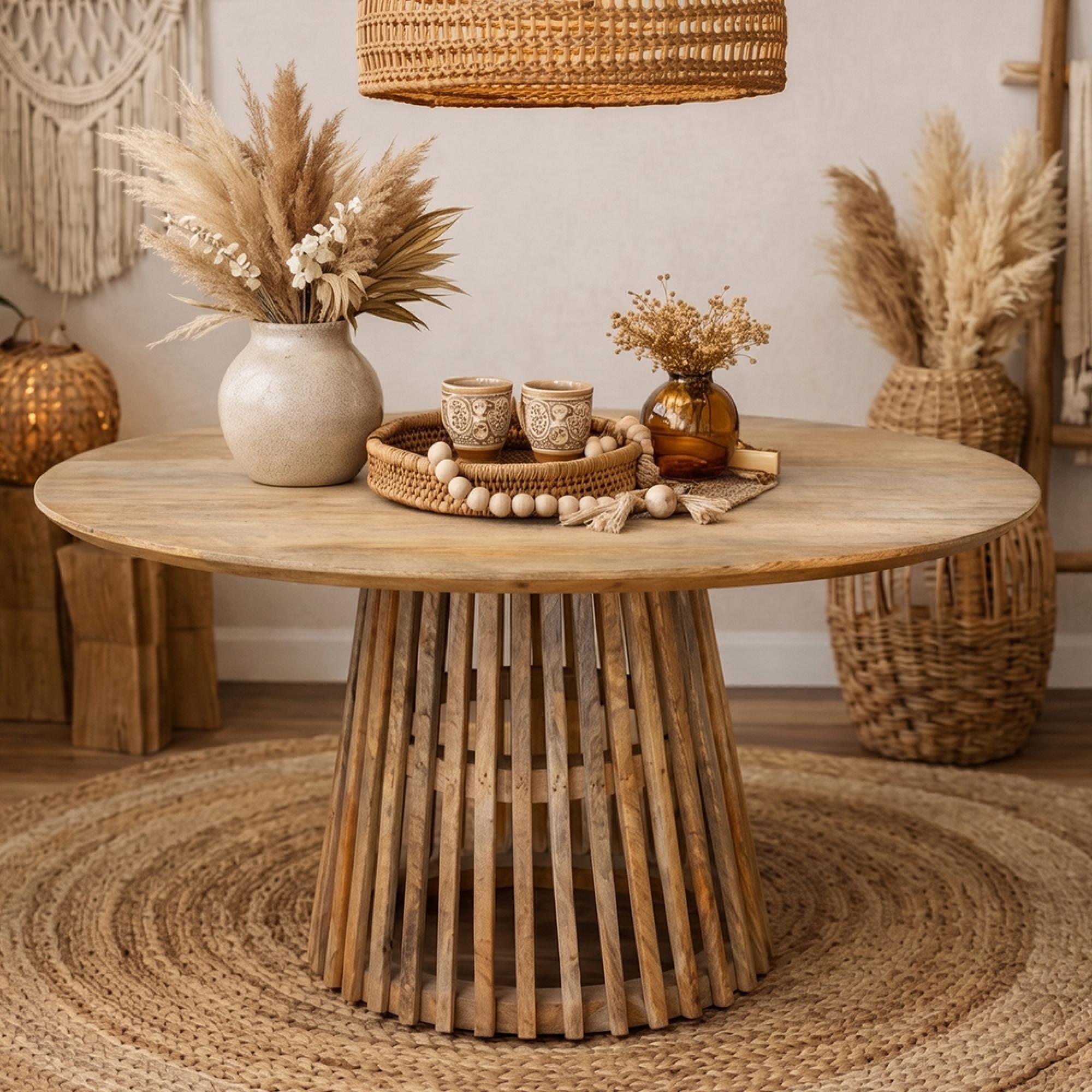 Dining Table - 120cm - 6 Seater - Round - Slatted Base - Rustic - Mango Wood