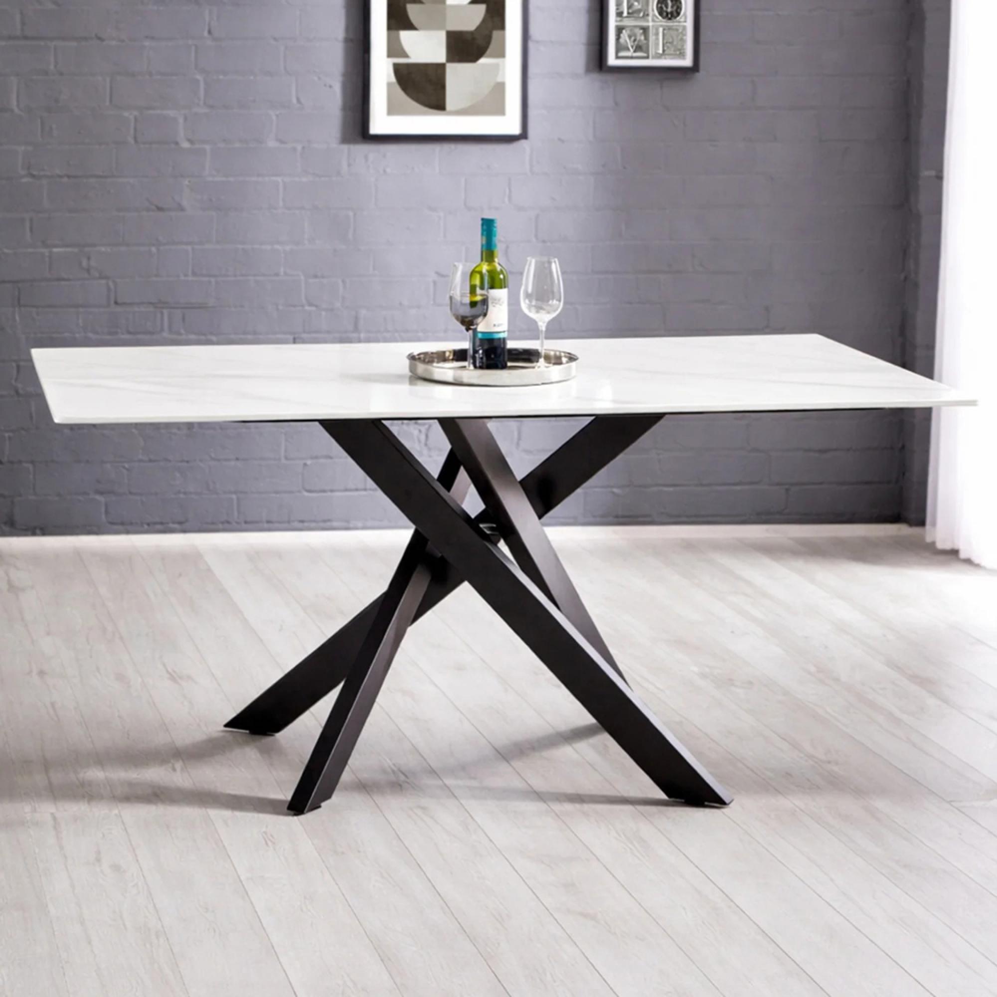 Bradley Dining Table - 160cm - 6 Seater - Spider Leg - White and Black - Ceramic and Metal