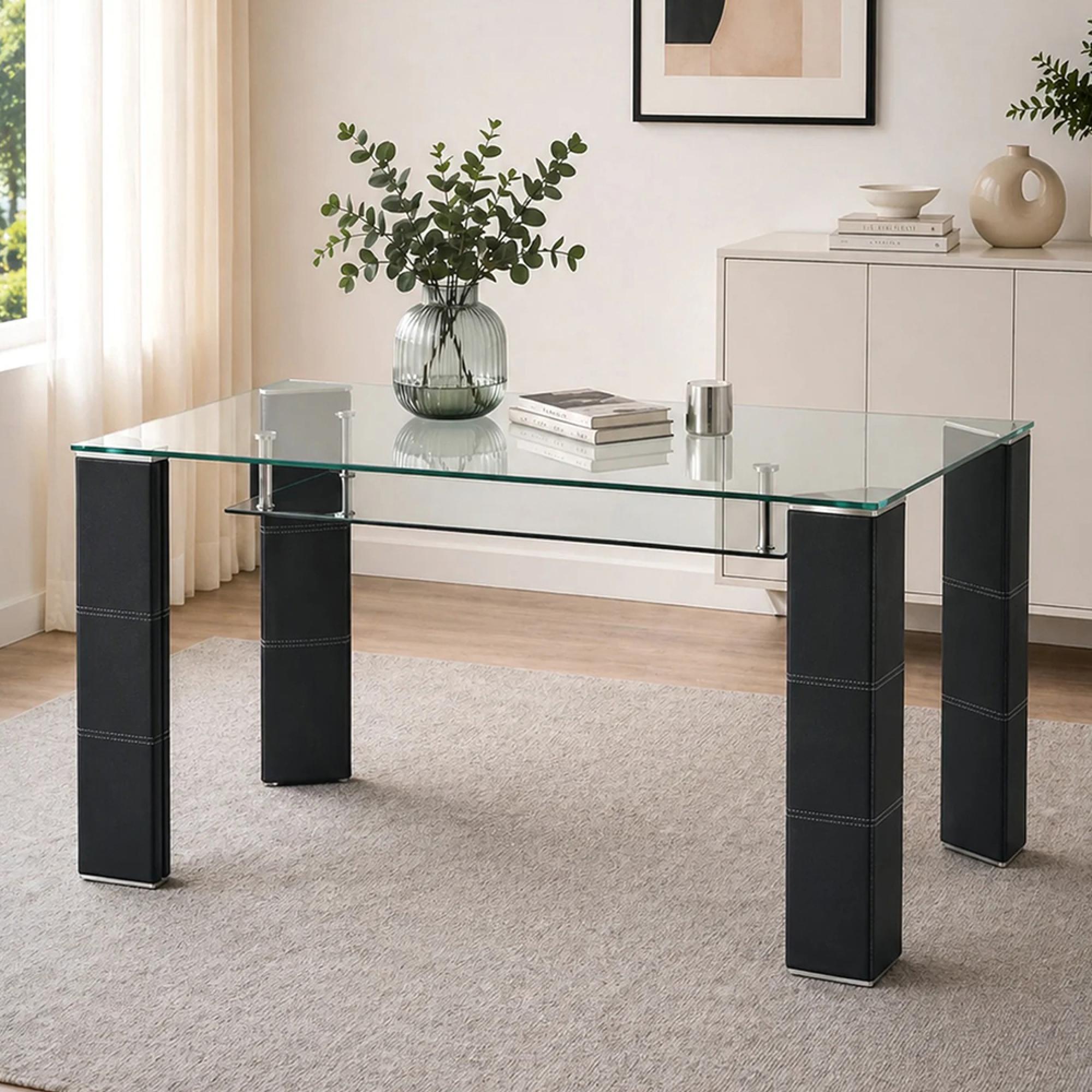 Greenwich Dining Table - 150cm - 6 Seater - Black - Glass and Metal