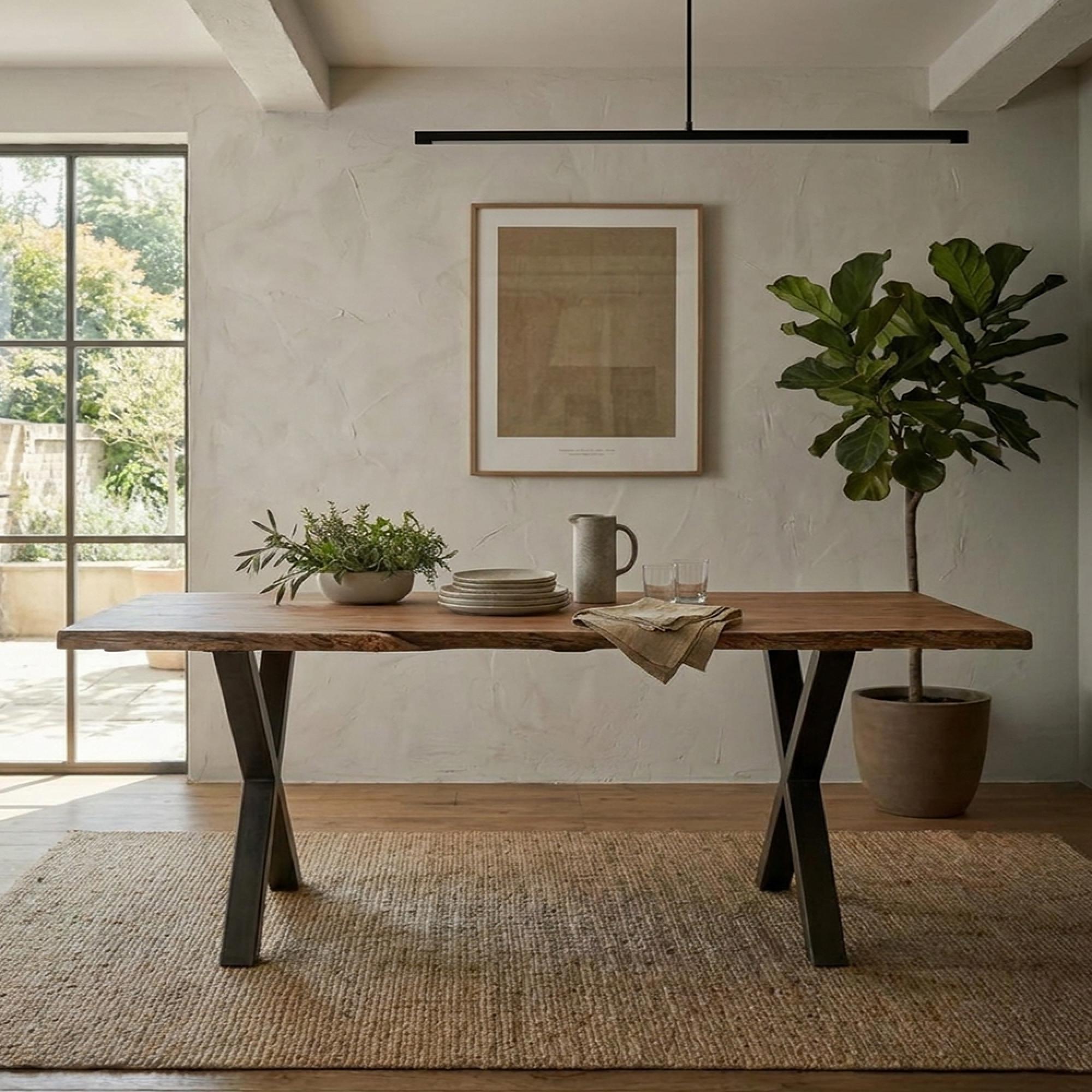 Belluno Industrial Dining Table - 240cm - 10 Seater - Live Edge - Cross Leg - Natural and Black - Acacia Wood and Metal