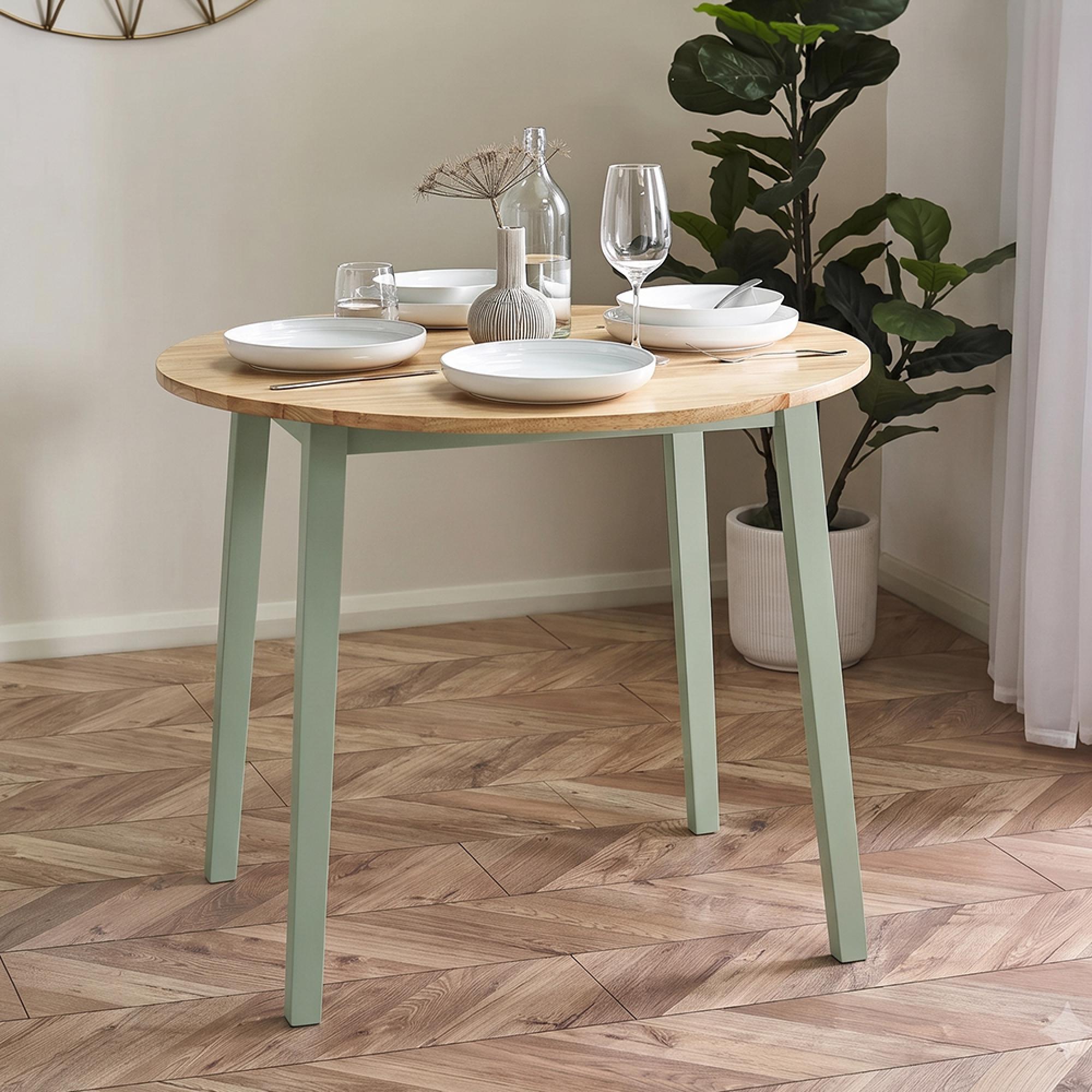 Linwood Drop Leaf Dining Table - 55cm-90cm - 2-4 Seater - Round - Natural and Sage Green Painted - Oak Effect