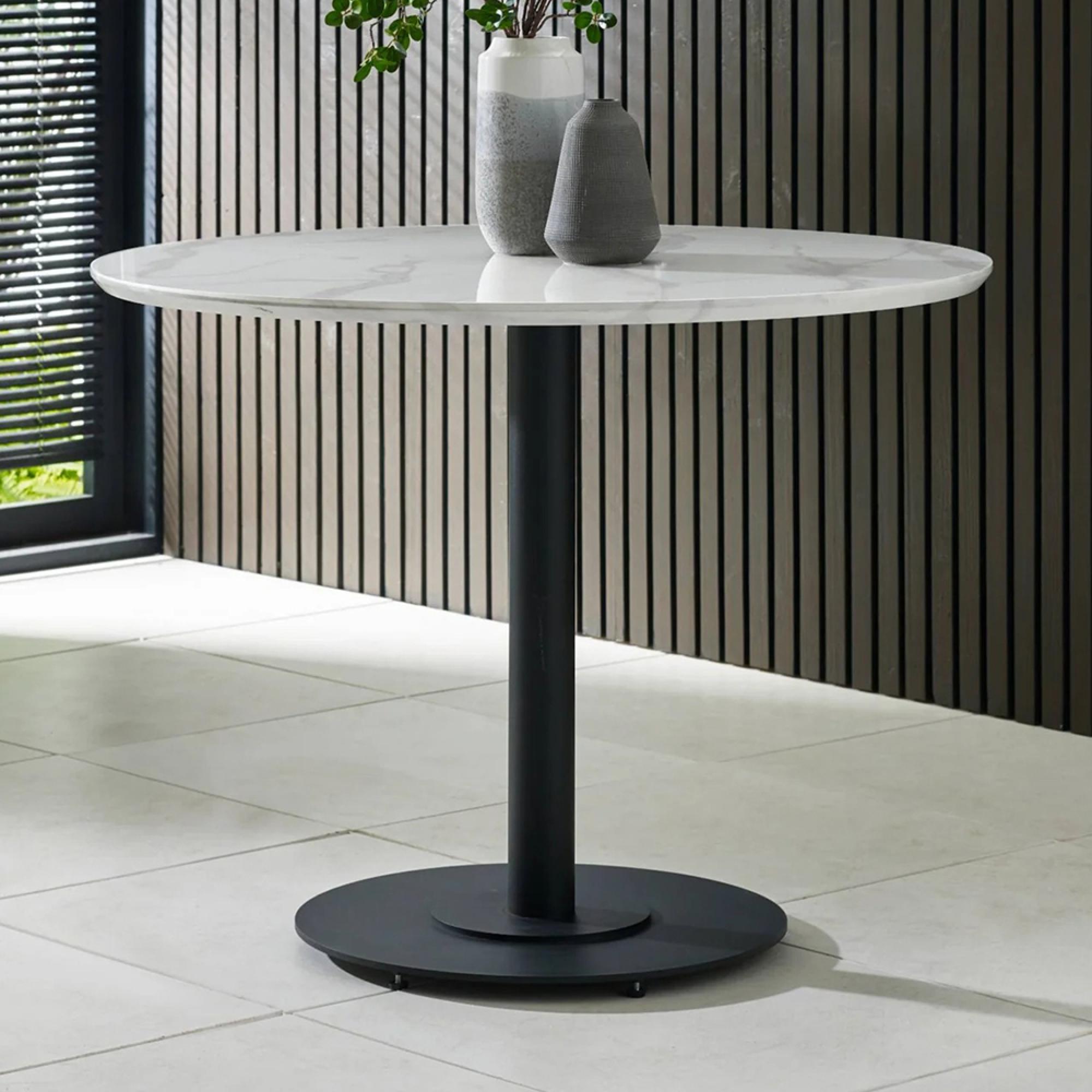Luca Dining Table - 100cm - 4 Seater - Round - White and Black - Marble Effect and Metal