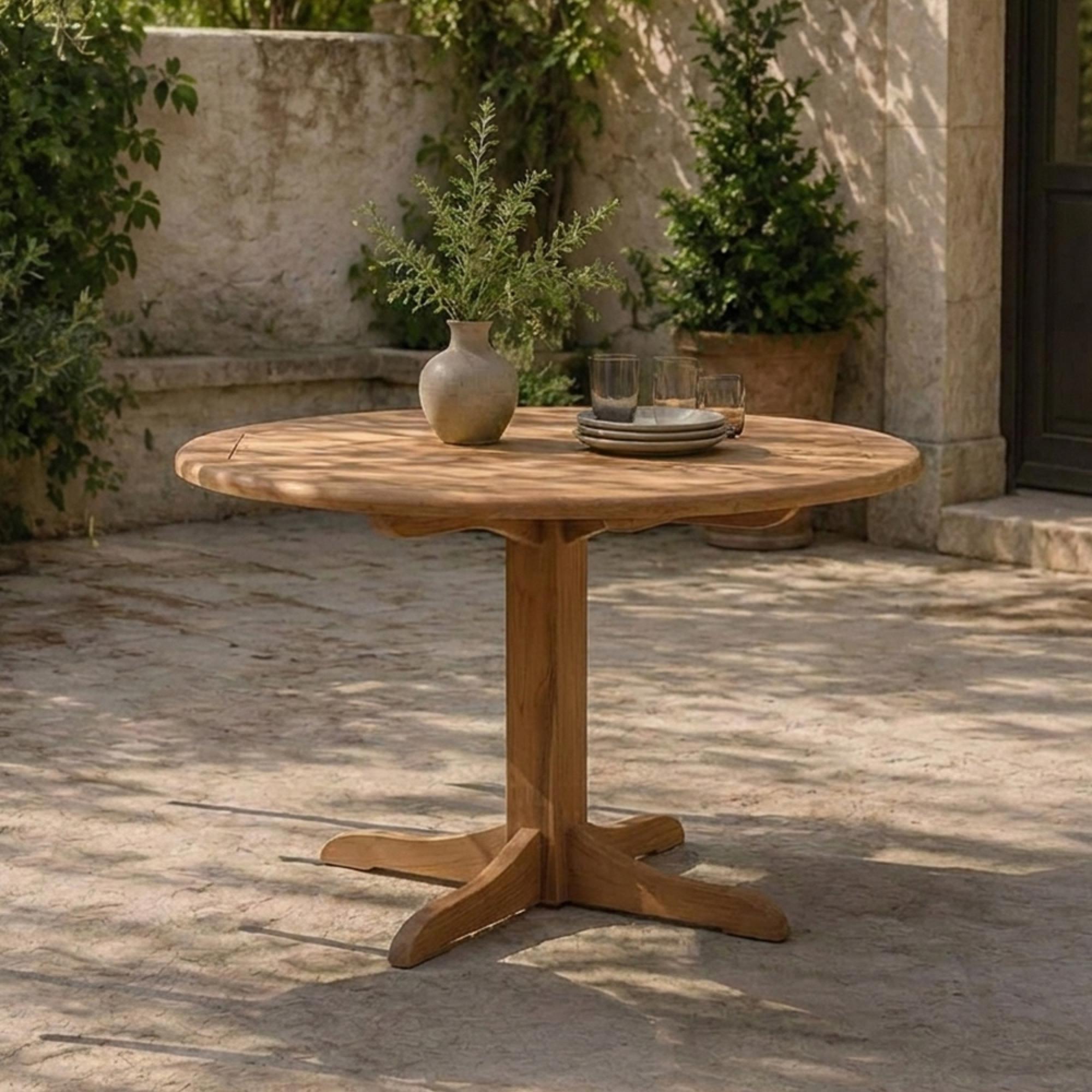 Outdoor Dining Table - 90cm - 2 Seater - Round - Pedestal - Natural - Teak Wood