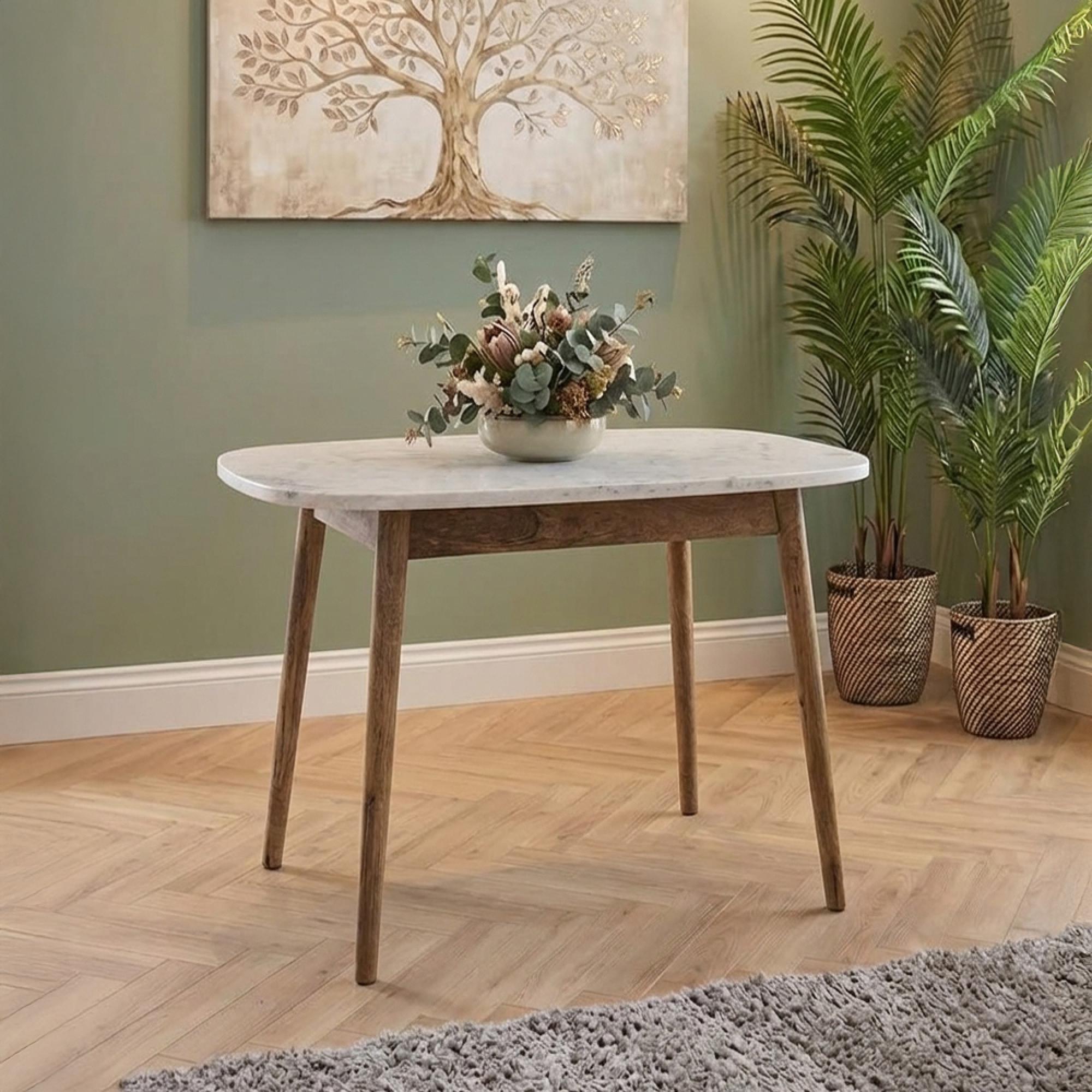 Reims Dining Table - 92cm - 4 Seater - Oval - White and Brown - Marble Effect and Wood