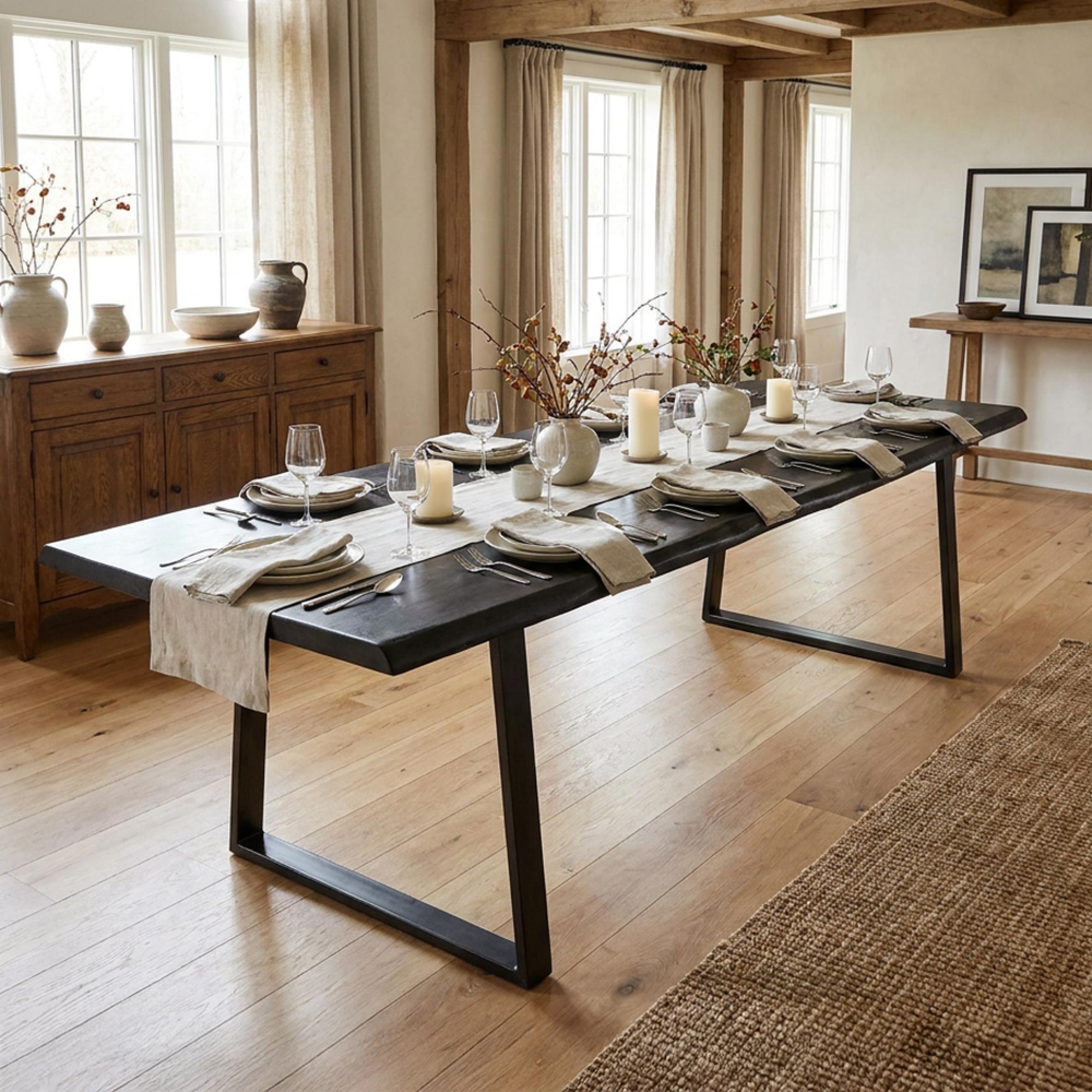 Trunk Industrial Dining Table - 300cm - 12 Seater - Live Edge - U Legs - Matt Black - Wood and Metal