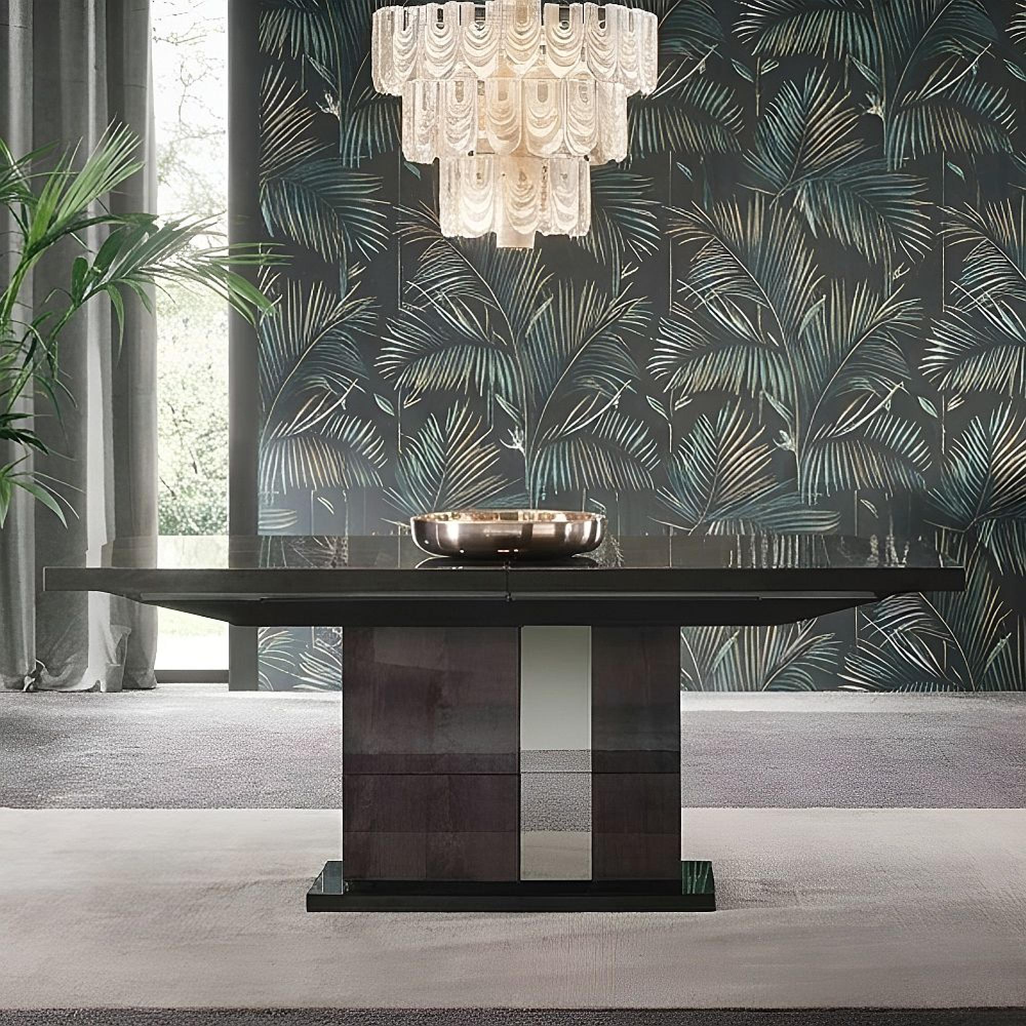 Heritage Extending Dining Table - 160cm-210cm - 6-8 Seater - Pedestal - with Mirrored Accent - Dark Velvet Birch High Gloss