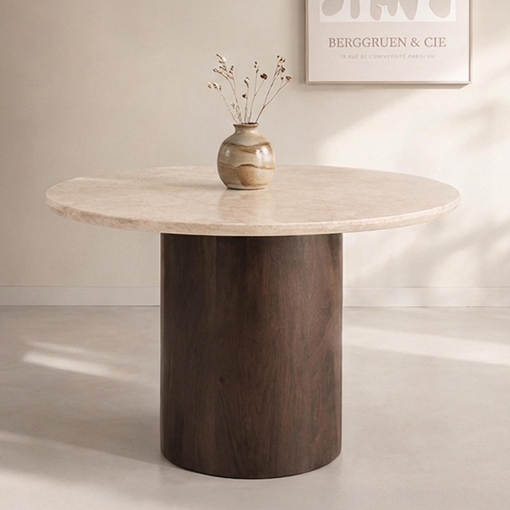 Brix Bottecino Dining Table - 120cm - 4 Seater - Round - Pedestal - Chestnut - Ceramic and Mango Wood