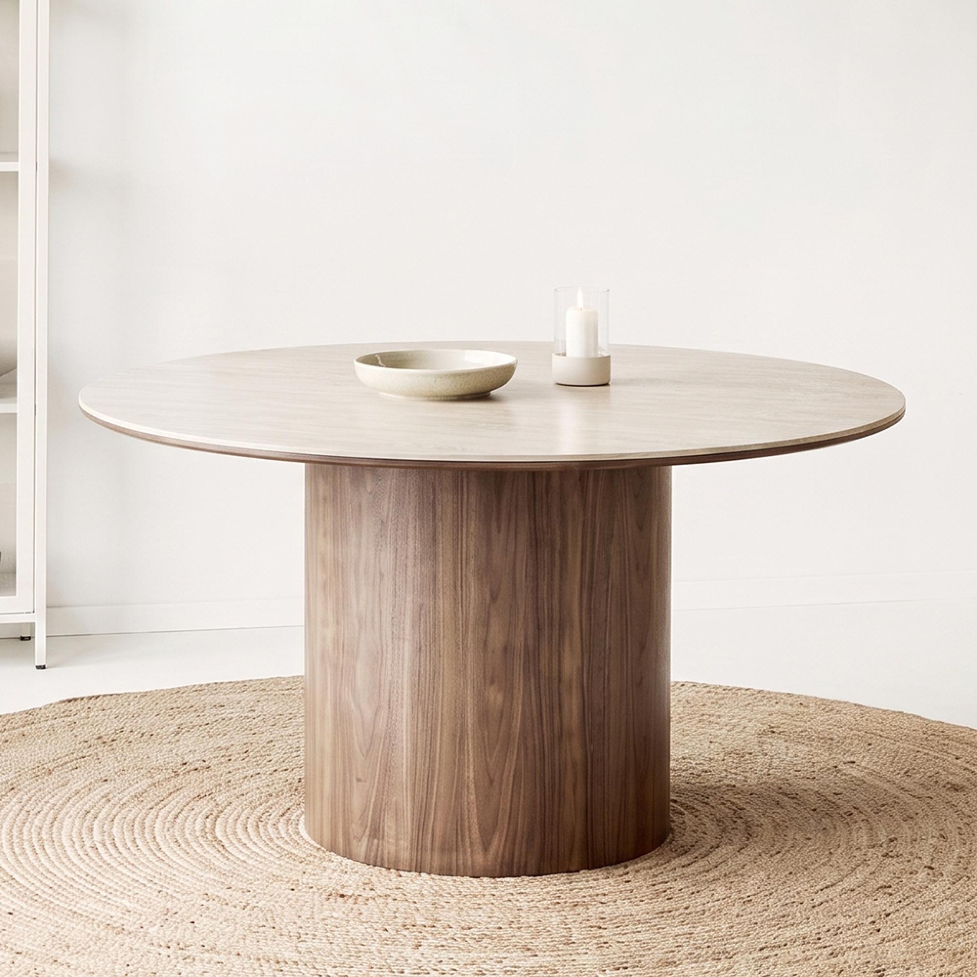 Delphi Dining Table - 140cm - 6 Seater - Round - Pedestal Base - Dark Brown - Ceramic and Wooden