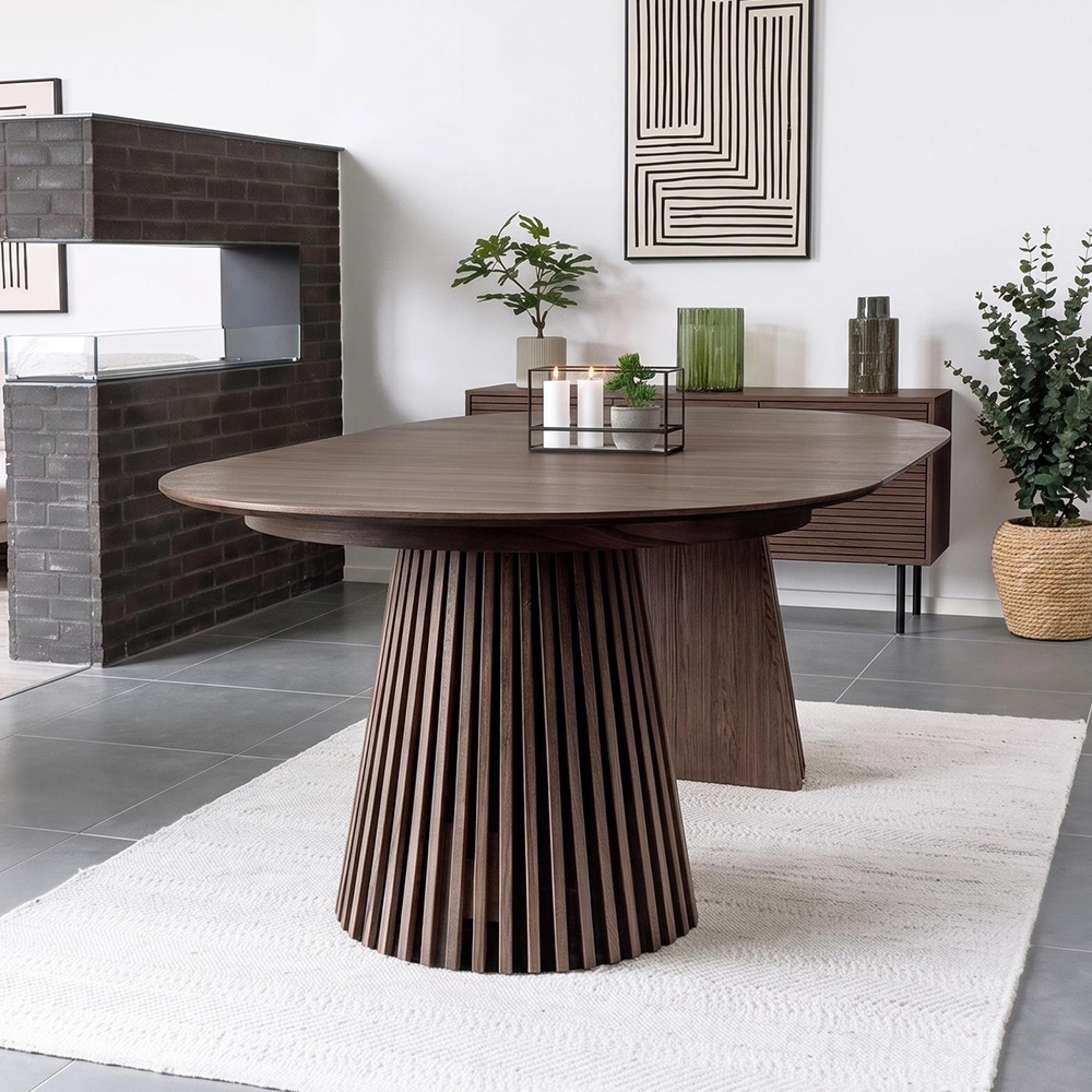 Osaka Oak Extending Dining Table - 200cm-300cm - 8-12 Seater - Oval - Slatted Base - Smoked