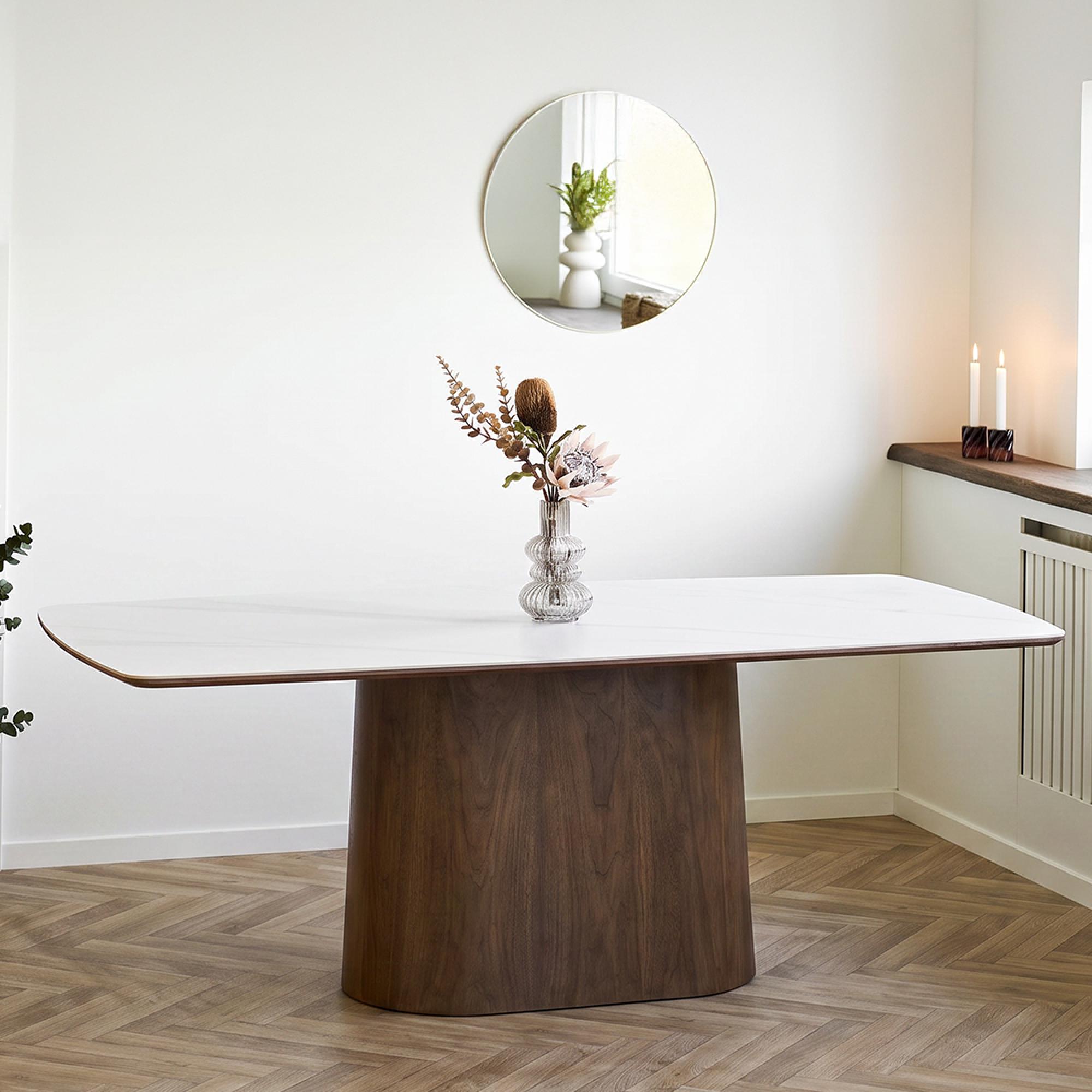 Noli Dining Table - 200cm - 8 Seater - Pedestal Base - White and Dark Brown - Ceramic and Wooden