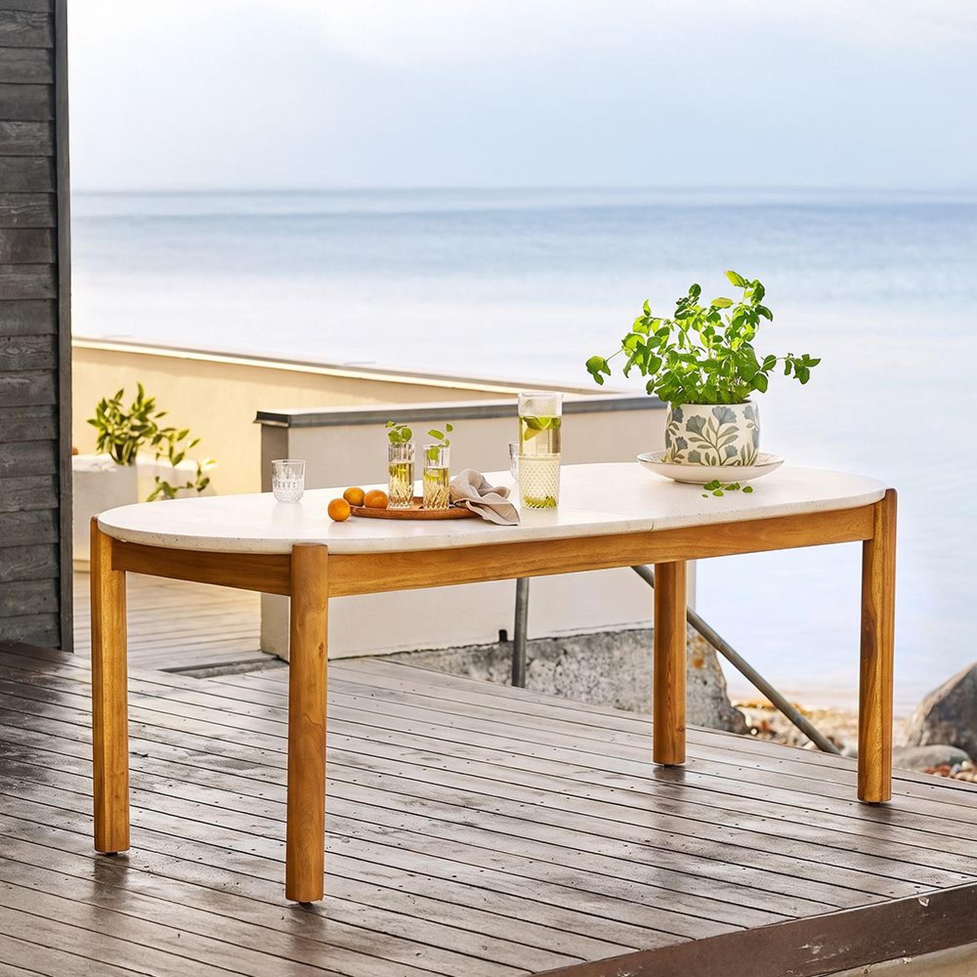 Terracina Outdoor Dining Table - 210cm - 8 Seater - Oval - White and Natural - Terrazzo and Acacia Wood