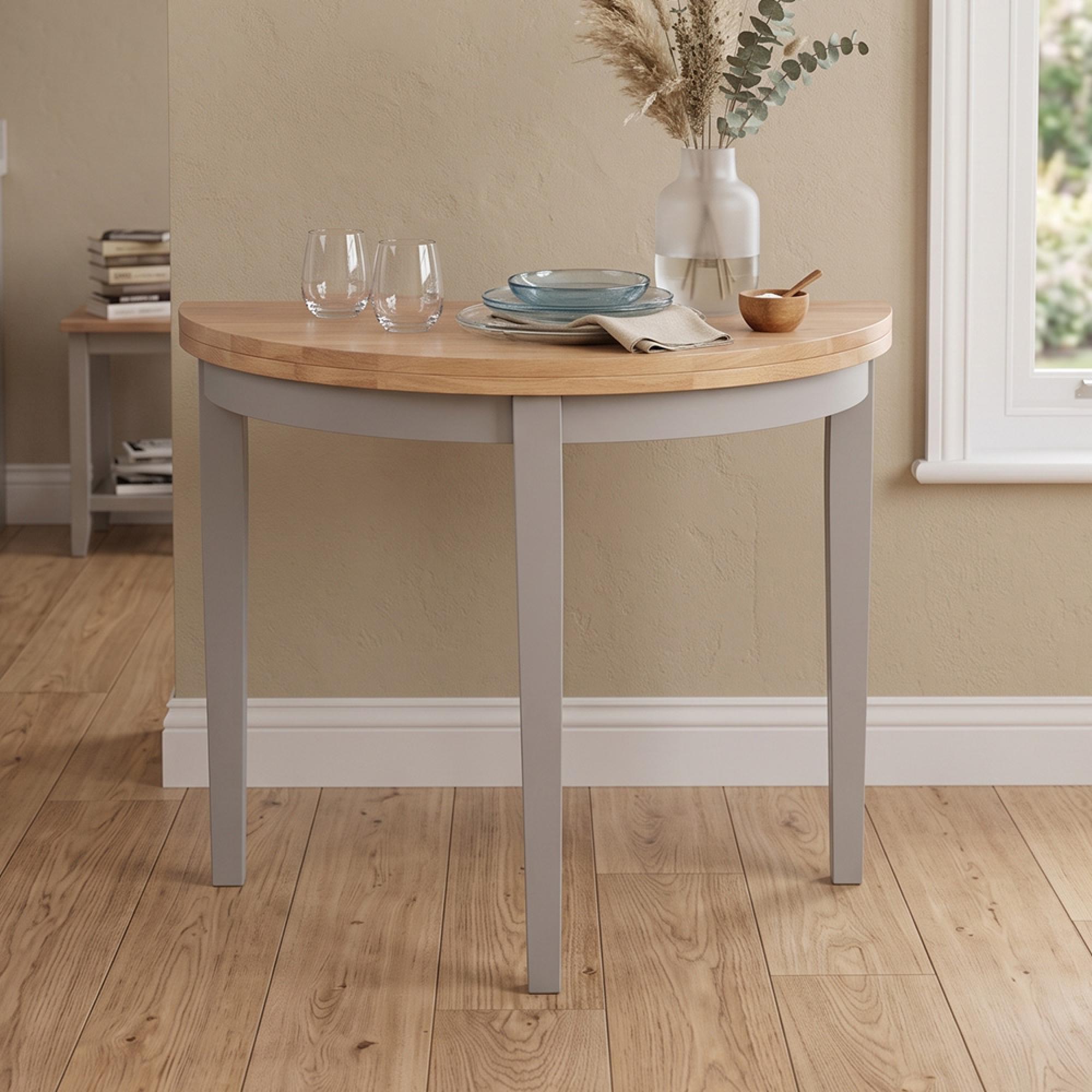 Altona Half Moon Extending Dining Table - 45cm-90cm - 2-4 Seater - Grey - Oak Top
