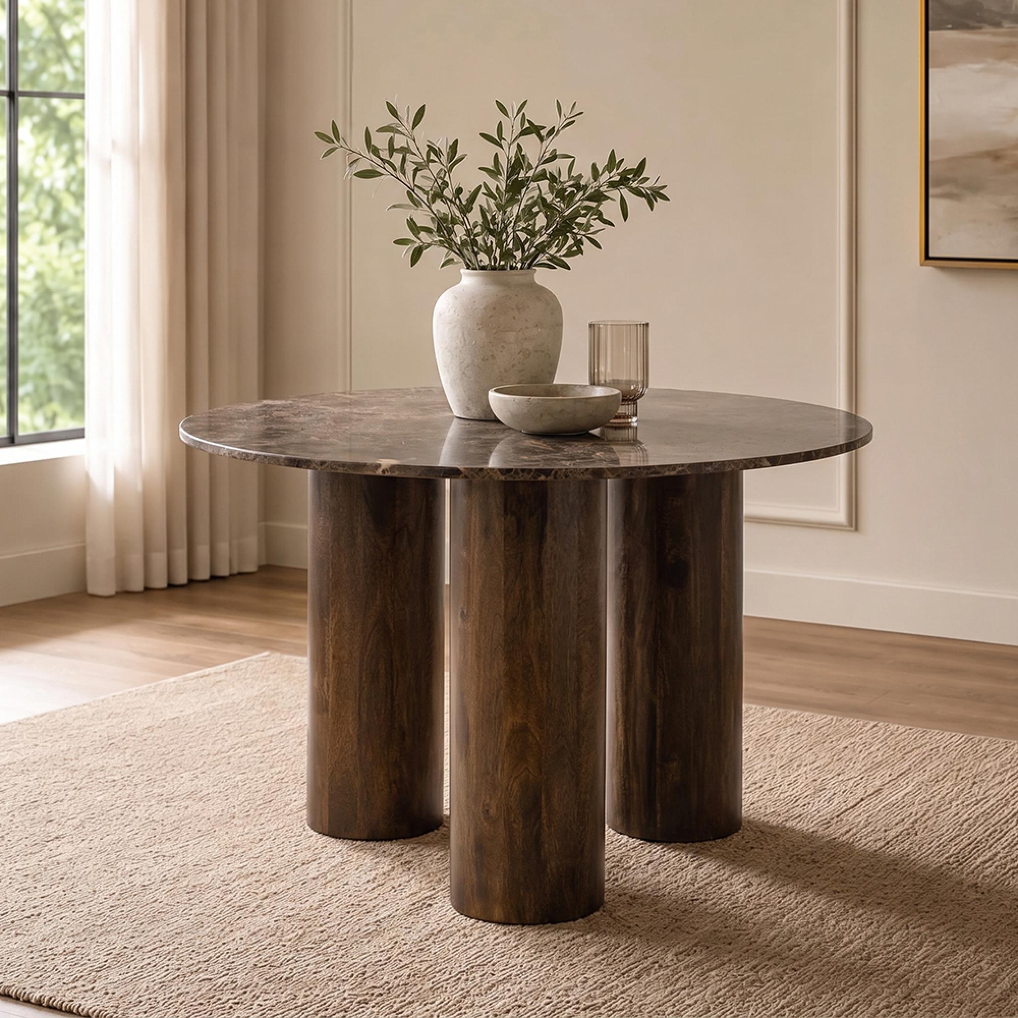Dining Table - 120cm - 4 Seater - Round - Column Base - Brown - Marble and Wooden