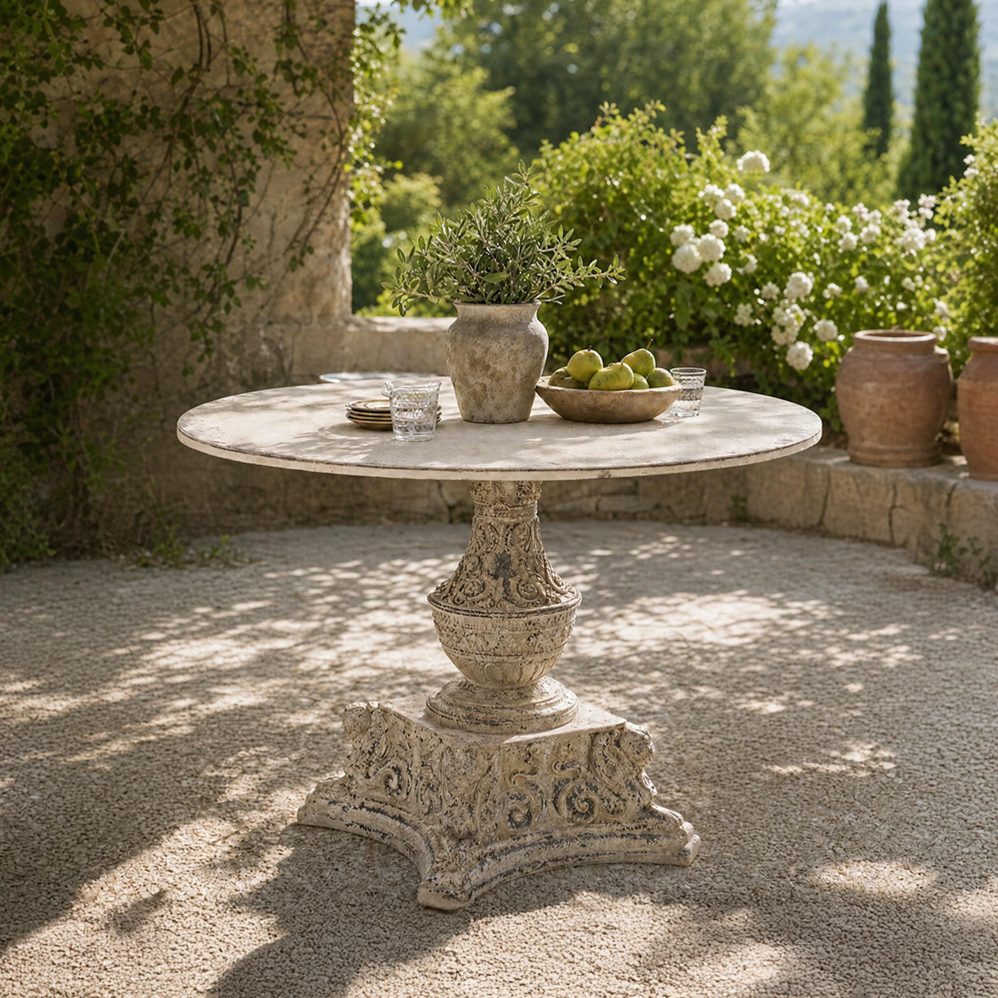 Distressed Outdoor Dining Table - 123cm - 4 Seater - Round - Off White - Metal