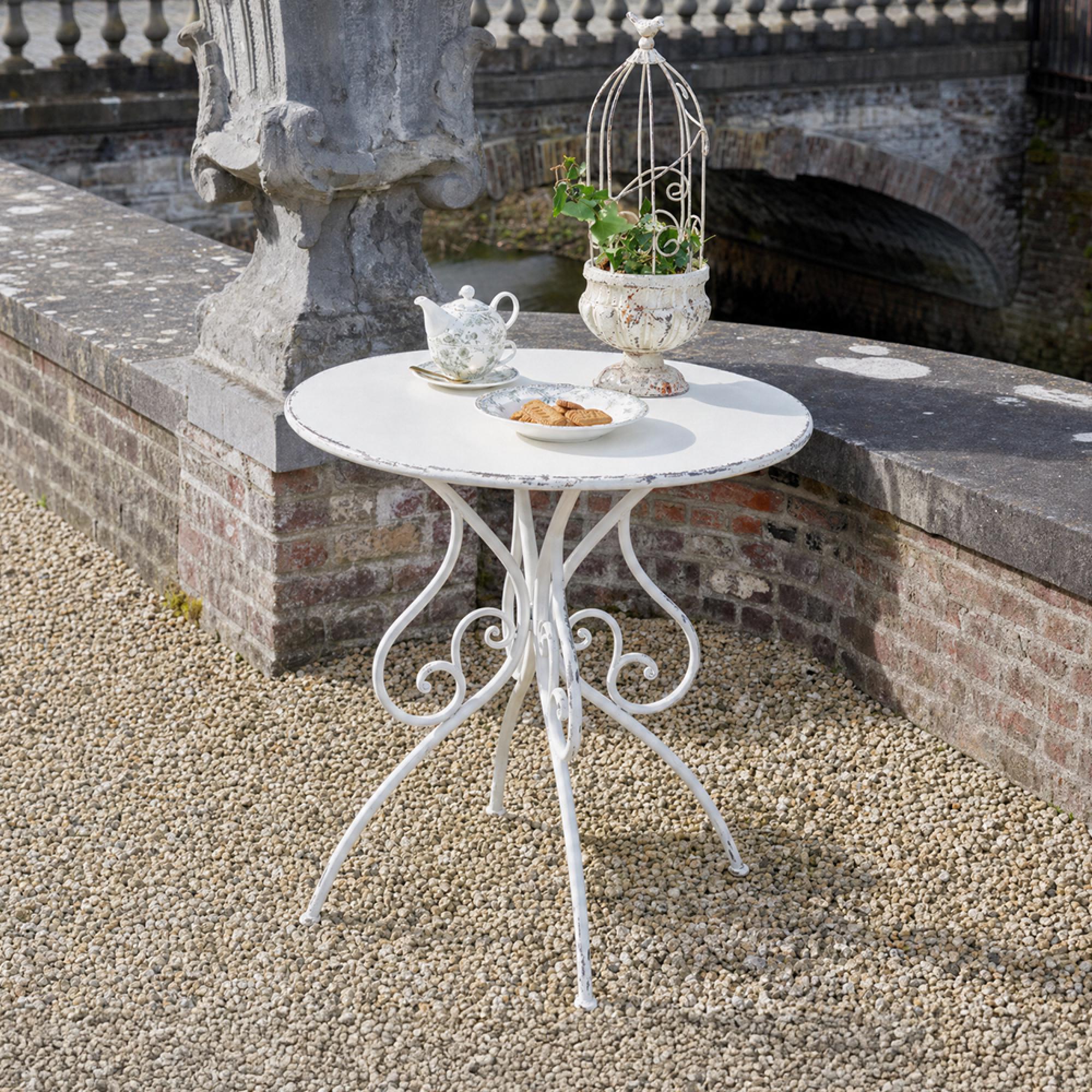 Distressed Outdoor Dining Table - 60cm - 2 Seater - Round - Curved Legs - Off White - Metal
