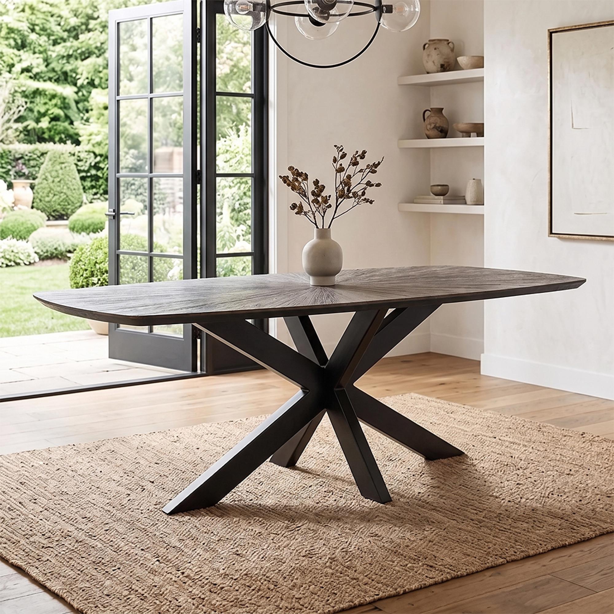 Ray Dining Table - 200cm - 8 Seater - Starburst - Star Base - Dark Brown and Black - Recycled Wood