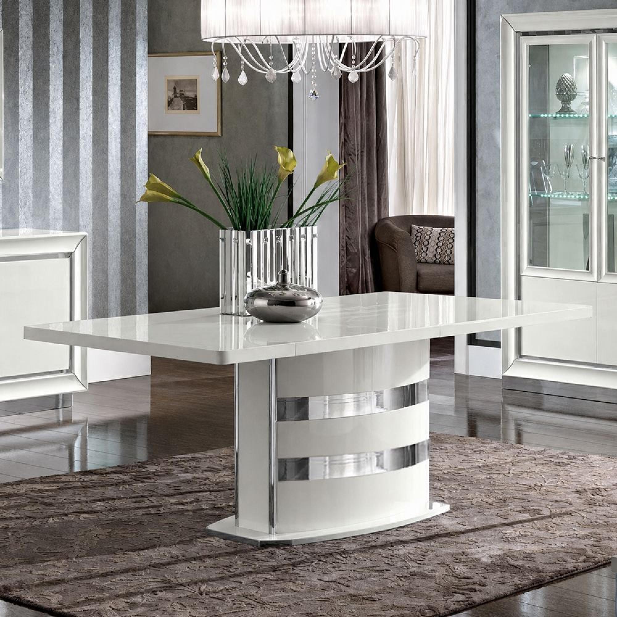 Dama Italian White Extending Dining Table - 200cm-245cm - 8-10 Seater - Pedestal - Chrome Trim