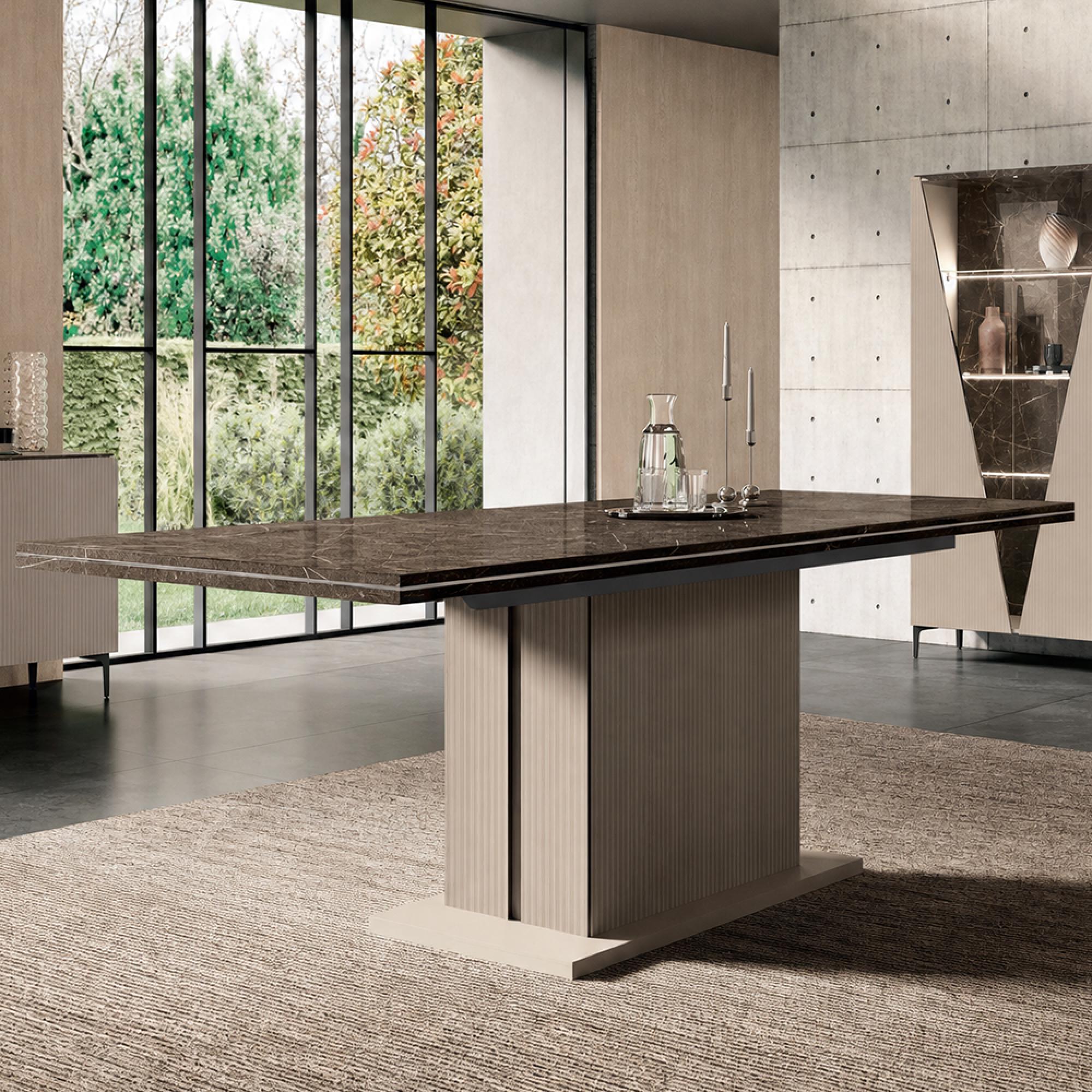 Fidia Italian Extending Dining Table - 200cm-290cm - 8-12 Seater - Fluted Pedestal Base - Emperador Taupe - Marquinia Marble Effect Top
