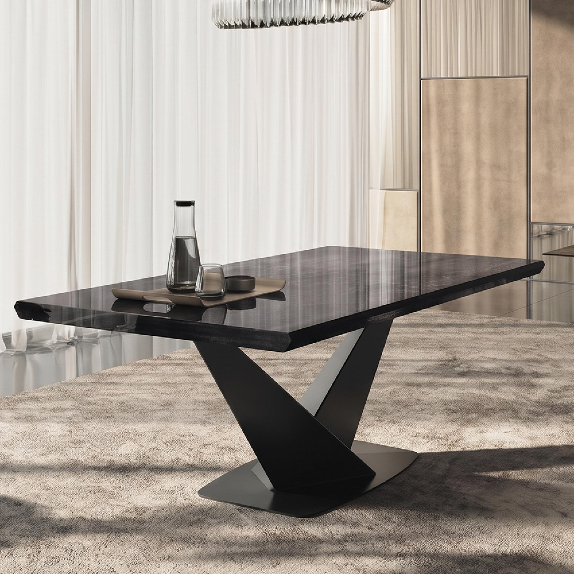 Krystal Italian Extending Dining Table - 160cm-260cm - 6-10 Seater - V Base - Medblue Birch Gloss - Wooden and Metal