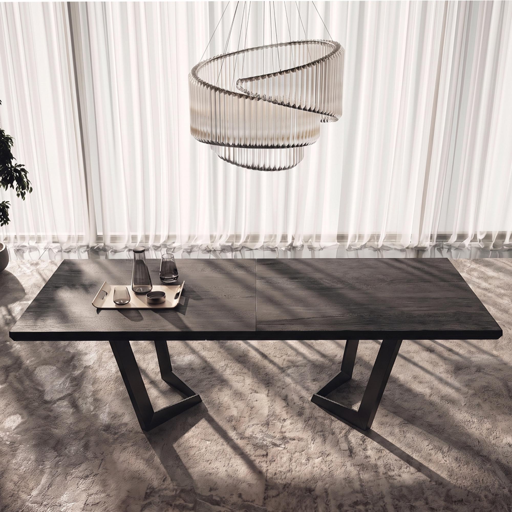 Krystal Italian Extending Dining Table - 200cm-300cm - 8-12 Seater - Net Base - Medblue Birch Gloss - Wooden and Metal