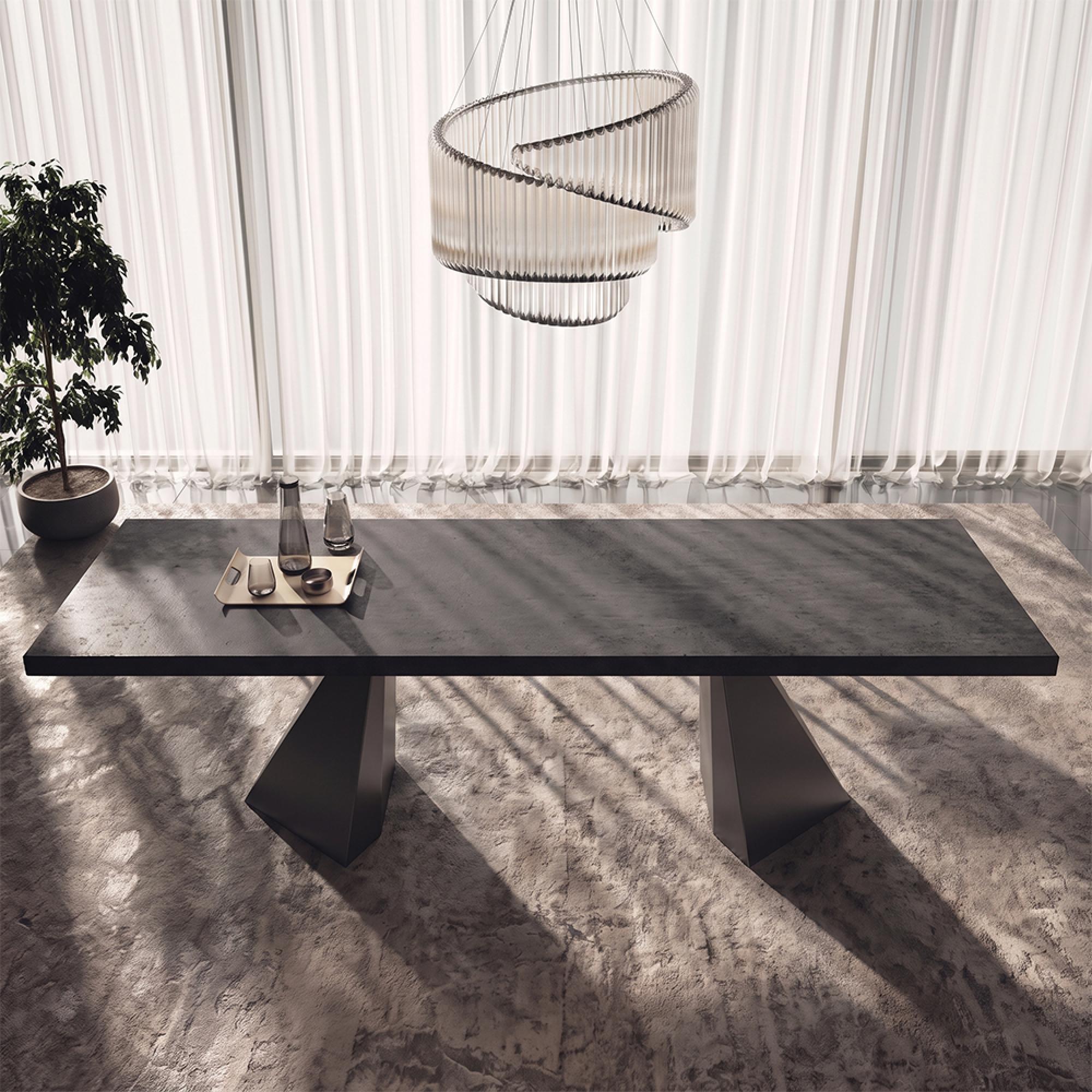 Krystal Italian Extending Dining Table - 200cm-300cm - 8-12 Seater - Tent Base - Medblue Birch Gloss - Wooden and Metal