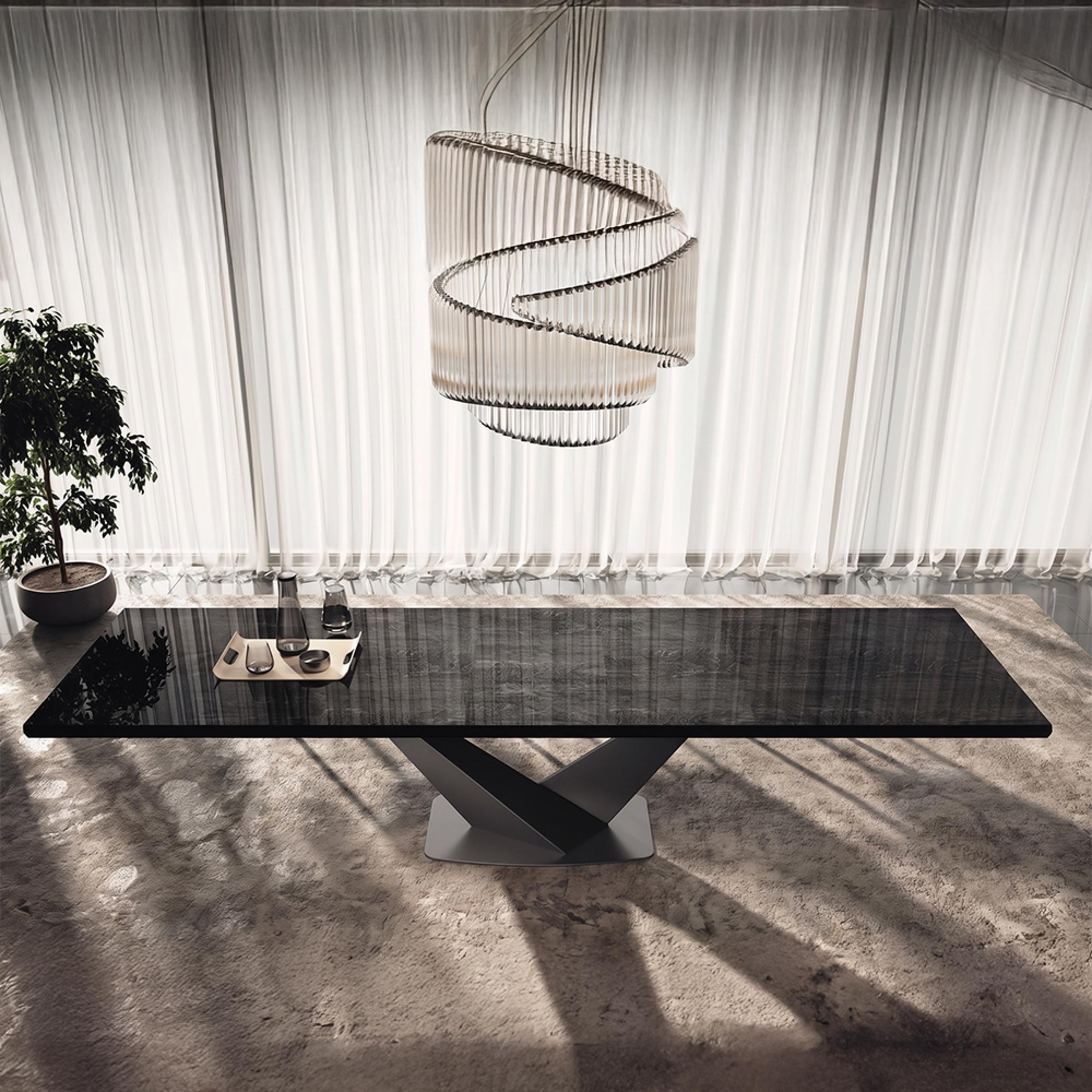 Krystal Italian Extending Dining Table - 200cm-300cm - 8-12 Seater - V Base - Medblue Birch Gloss - Wooden and Metal