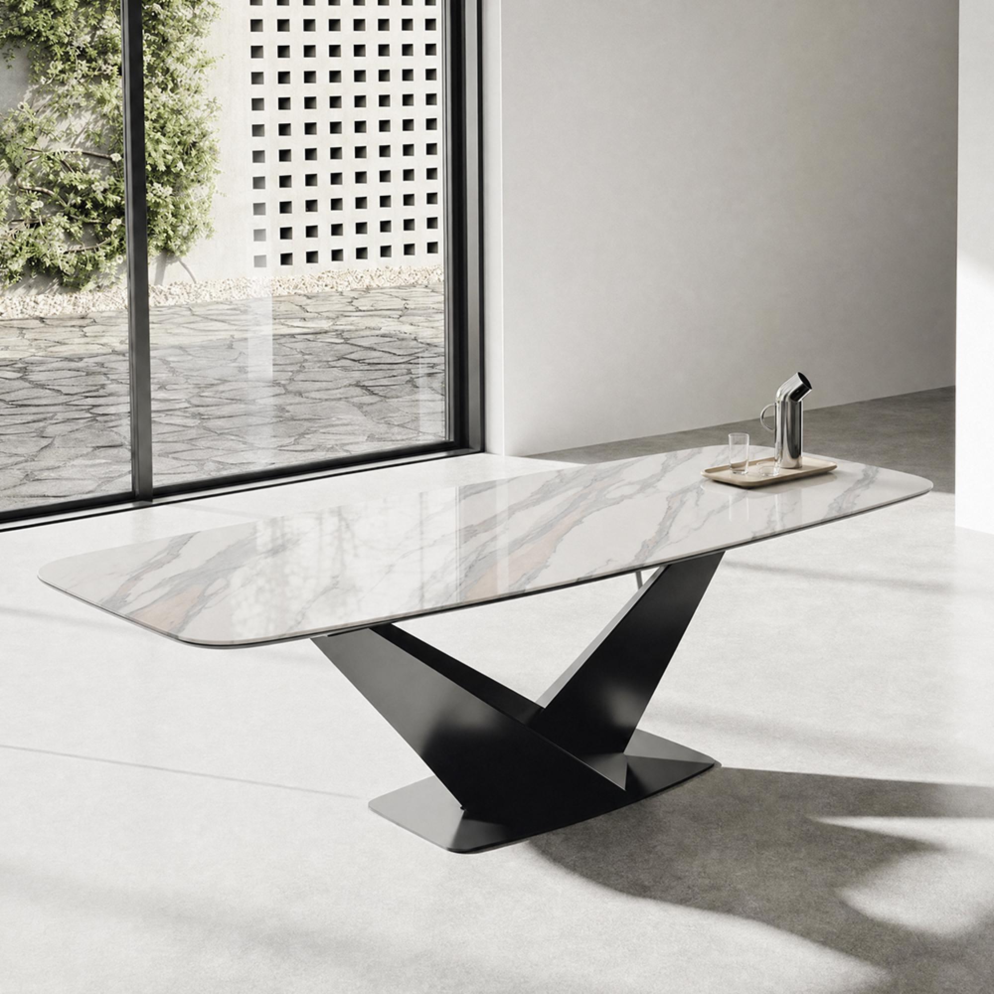 Zenith Italian Dining Table - 200cm - 8 Seater - V Base - Calacatta Gold and Black - Ceramic Top