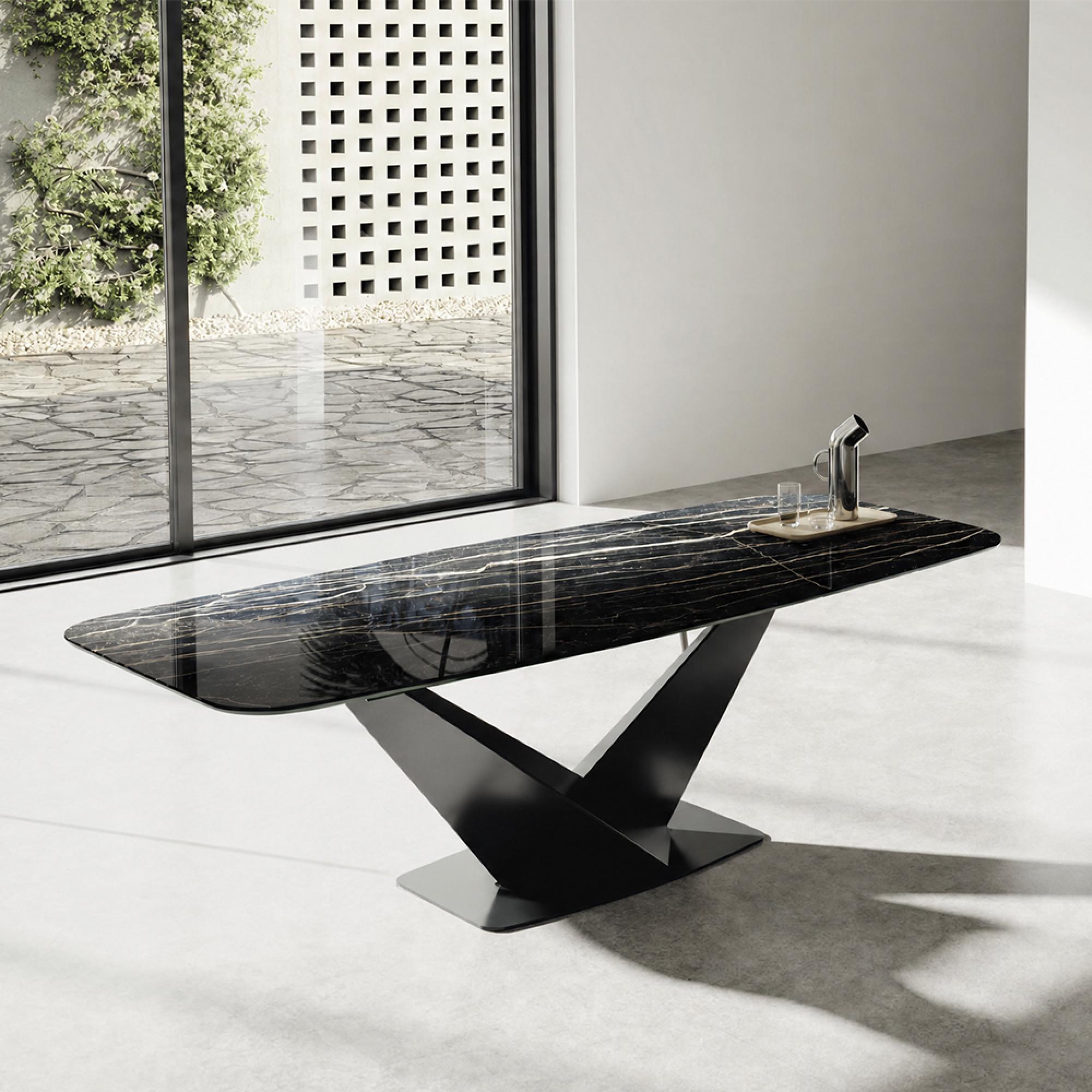 Zenith Italian Dining Table - 200cm - 8 Seater - V Base - Thunder Night and Black - Ceramic Top