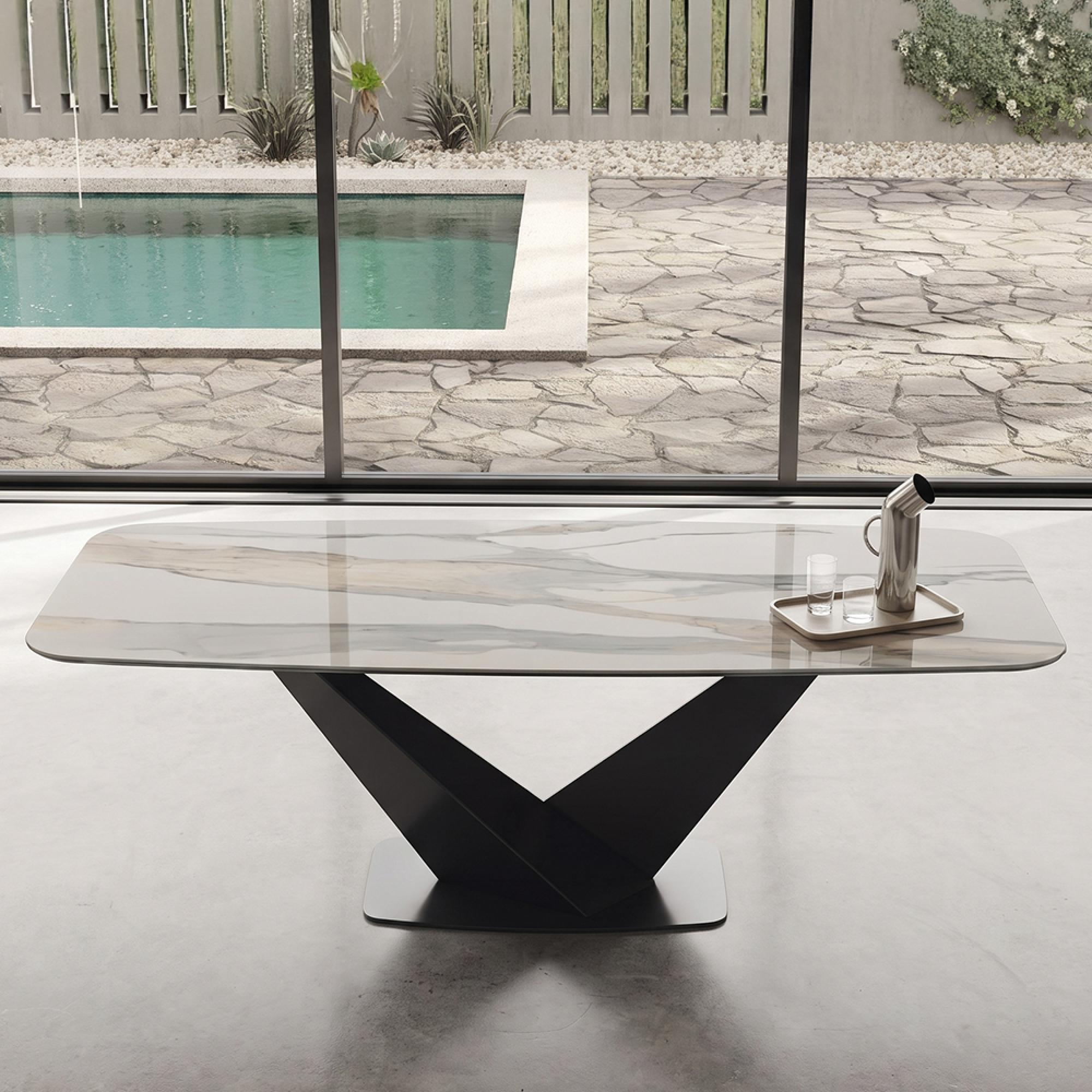 Zenith Italian Dining Table - 240cm - 10 Seater - V Base - Calacatta Gold and Black - Ceramic Top