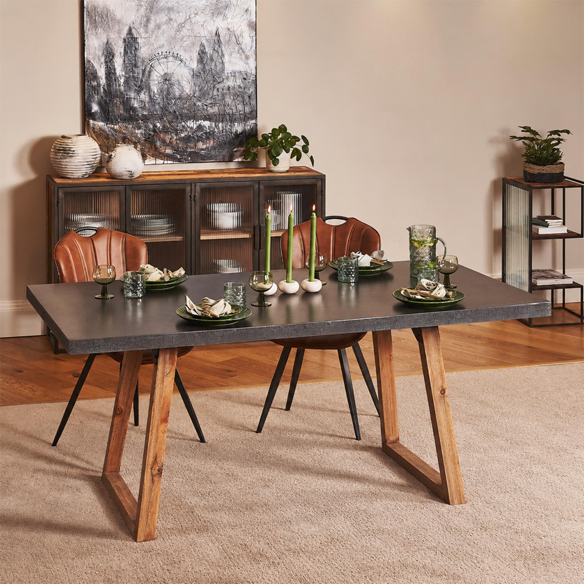 Concrete Top Dining Table - 6 Seater - 180cm - Black