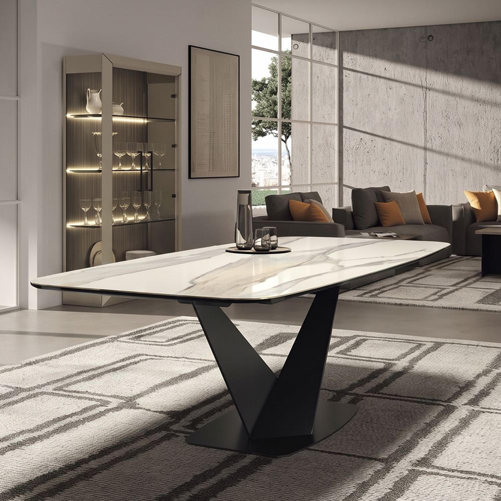Prestige Italian Dining Table - 200cm - 8 Seater - V Base - Calacatta Gold and Black - Ceramic