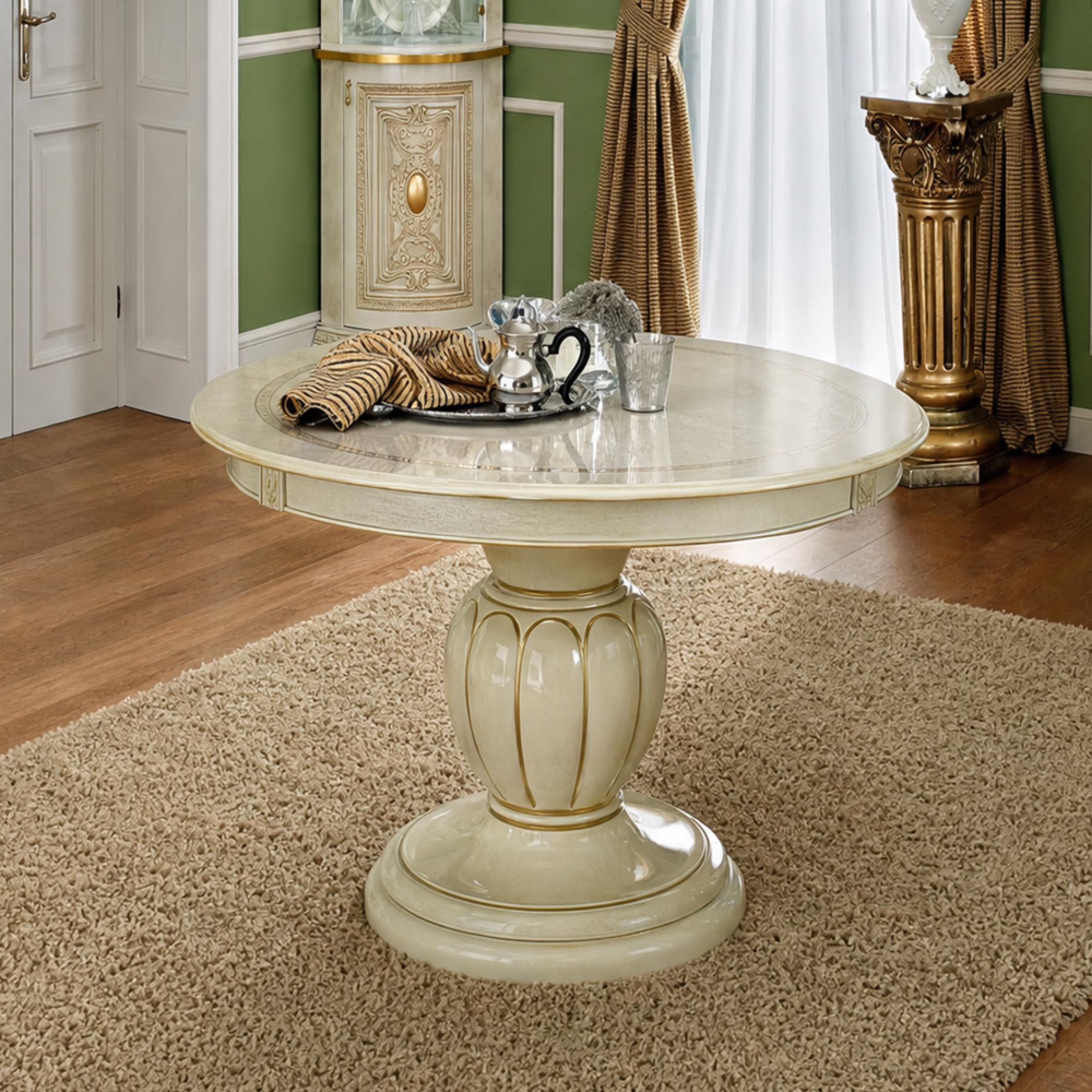 Leonardo Italian Extending Dining Table - 110cm-155cm - 4-6 Seater - Round - Pedestal - Ivory Gloss and Gold